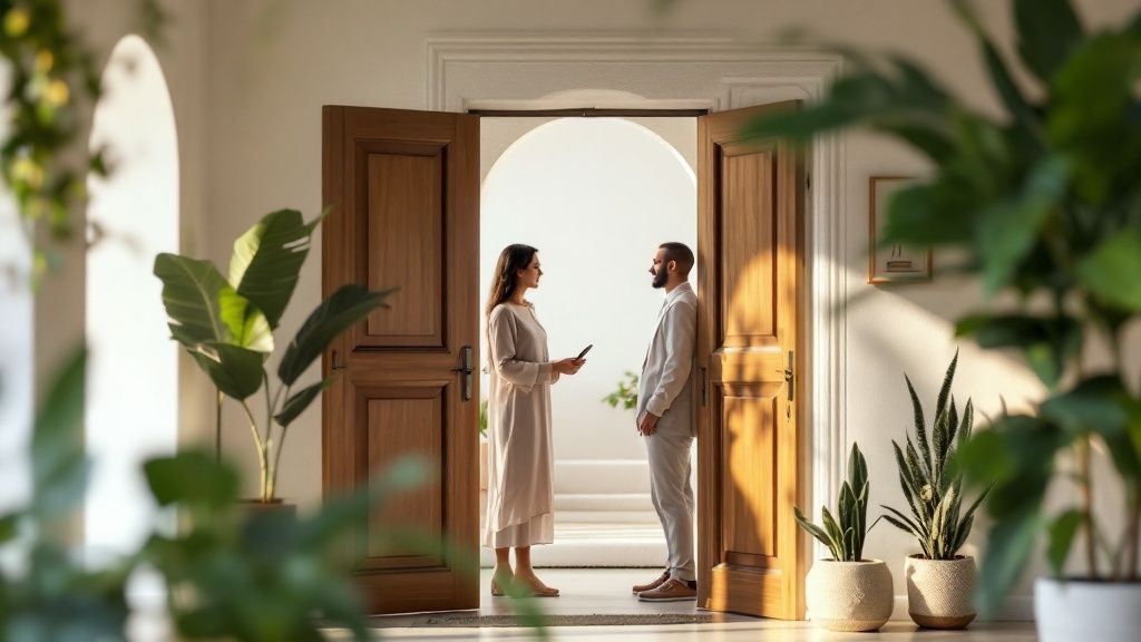 Deux personnes examinant attentivement un contrat de location sur une table.