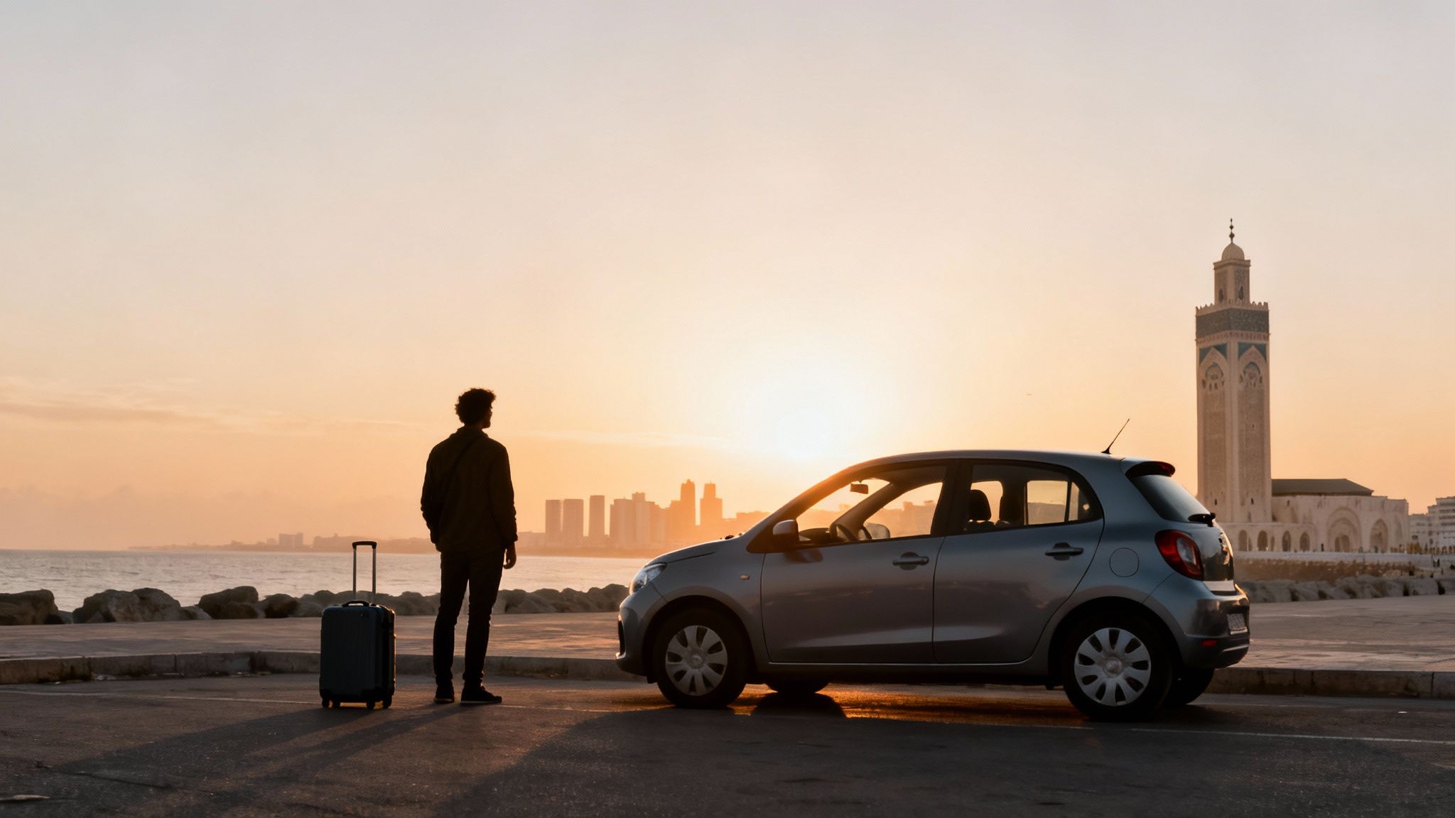 Silhouette d'un homme regardant le coucher de soleil à Casablanca, avec une voiture, une valise et la mosquée Hassan II.