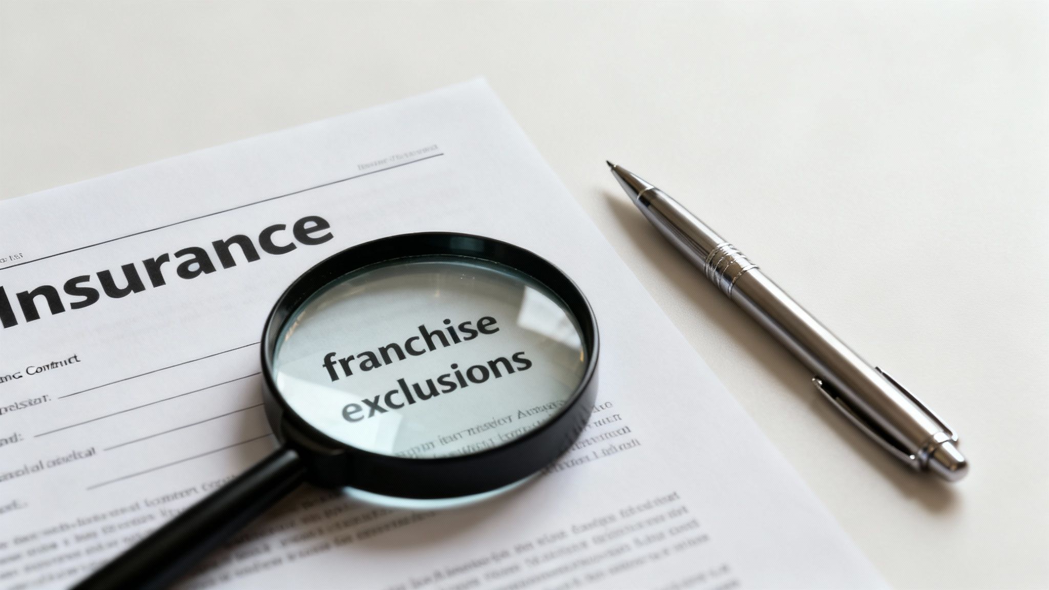 Une loupe inspectant les petites lignes d'un contrat d'assurance auto.