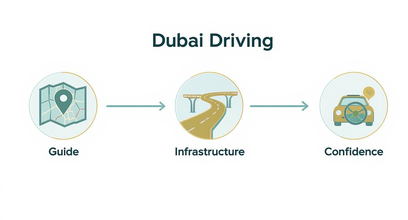 Dubai Road Map A Guide to Driving and Navigating 1 A diagram illustrating the Dubai driving journey from guide and infrastructure to driver confidence.