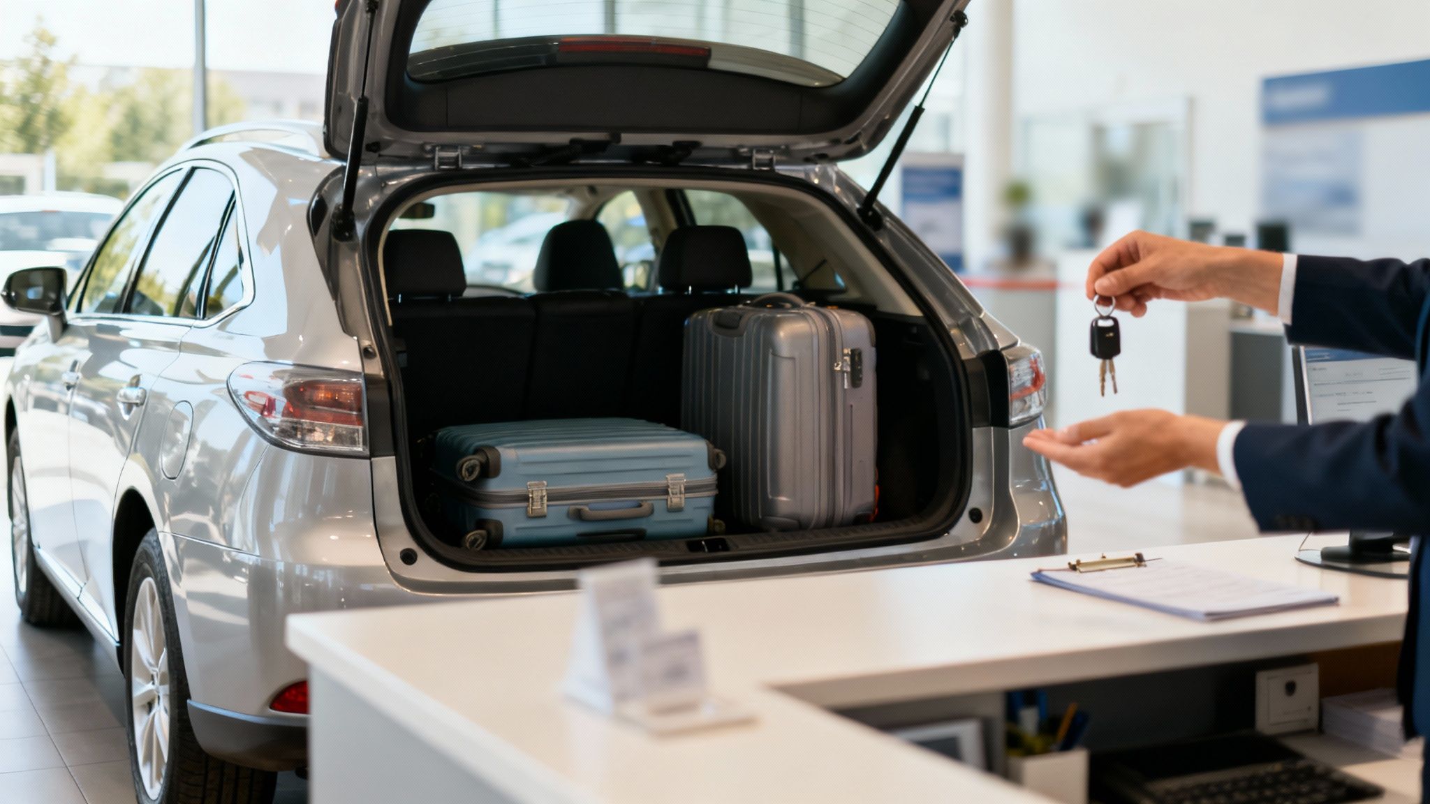 Un homme remet les clés d'un SUV argenté avec des valises dans son coffre ouvert, prêt au départ.
