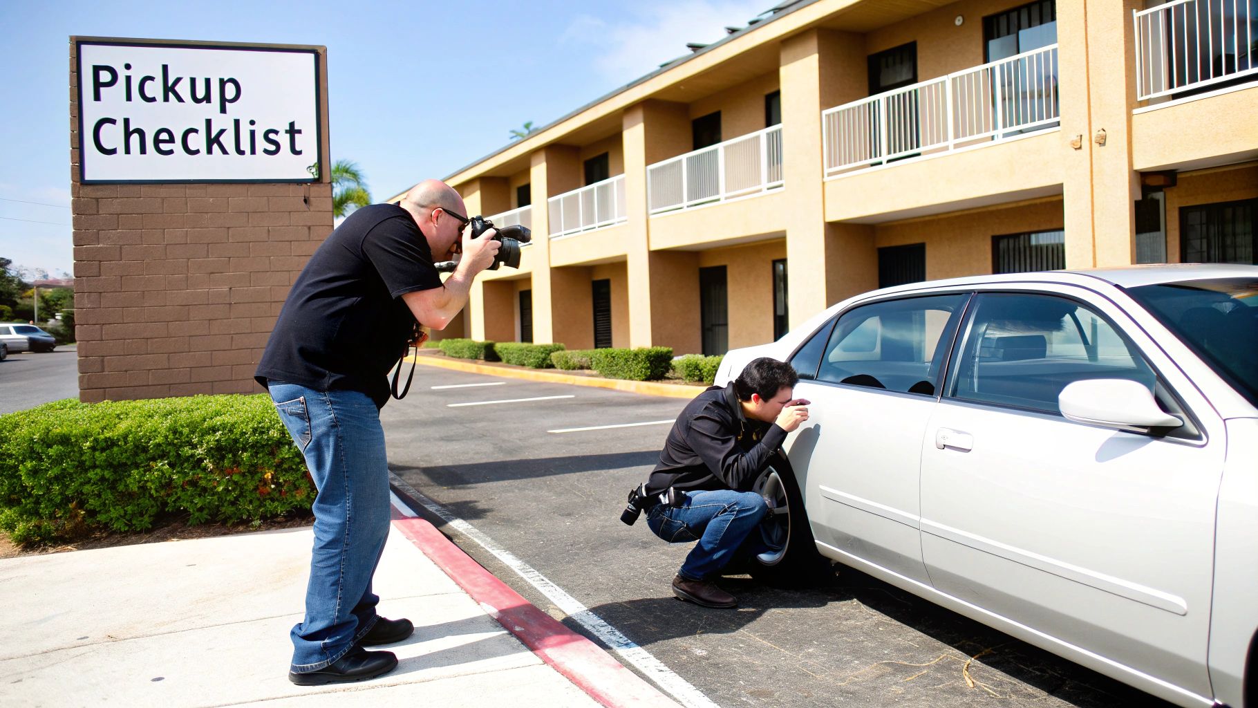 Two men inspecting a white car in a parking lot, one taking a photo and the other examining a tire.