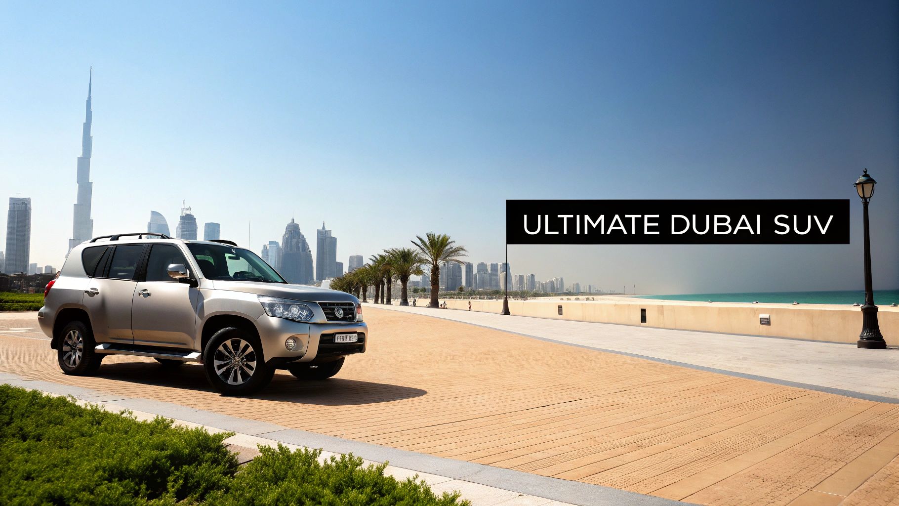 Your Guide to Rent a Car Nissan Patrol in Dubai 1 A silver SUV is parked on a scenic boardwalk, with the Dubai skyline and Burj Khalifa in the background.