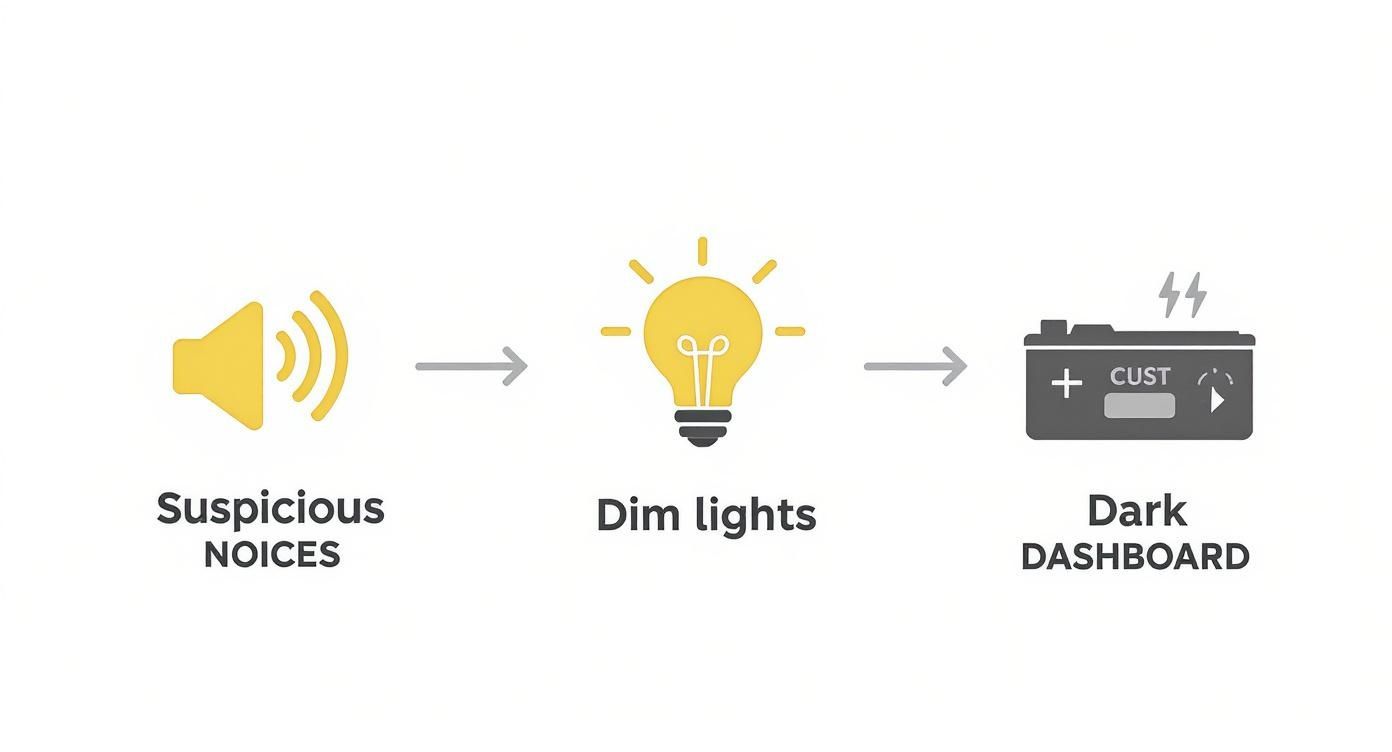Infographie sur les étapes de diagnostic d'une panne de batterie voiture, montrant les bruits suspects, les lumières faibles et un tableau de bord éteint.