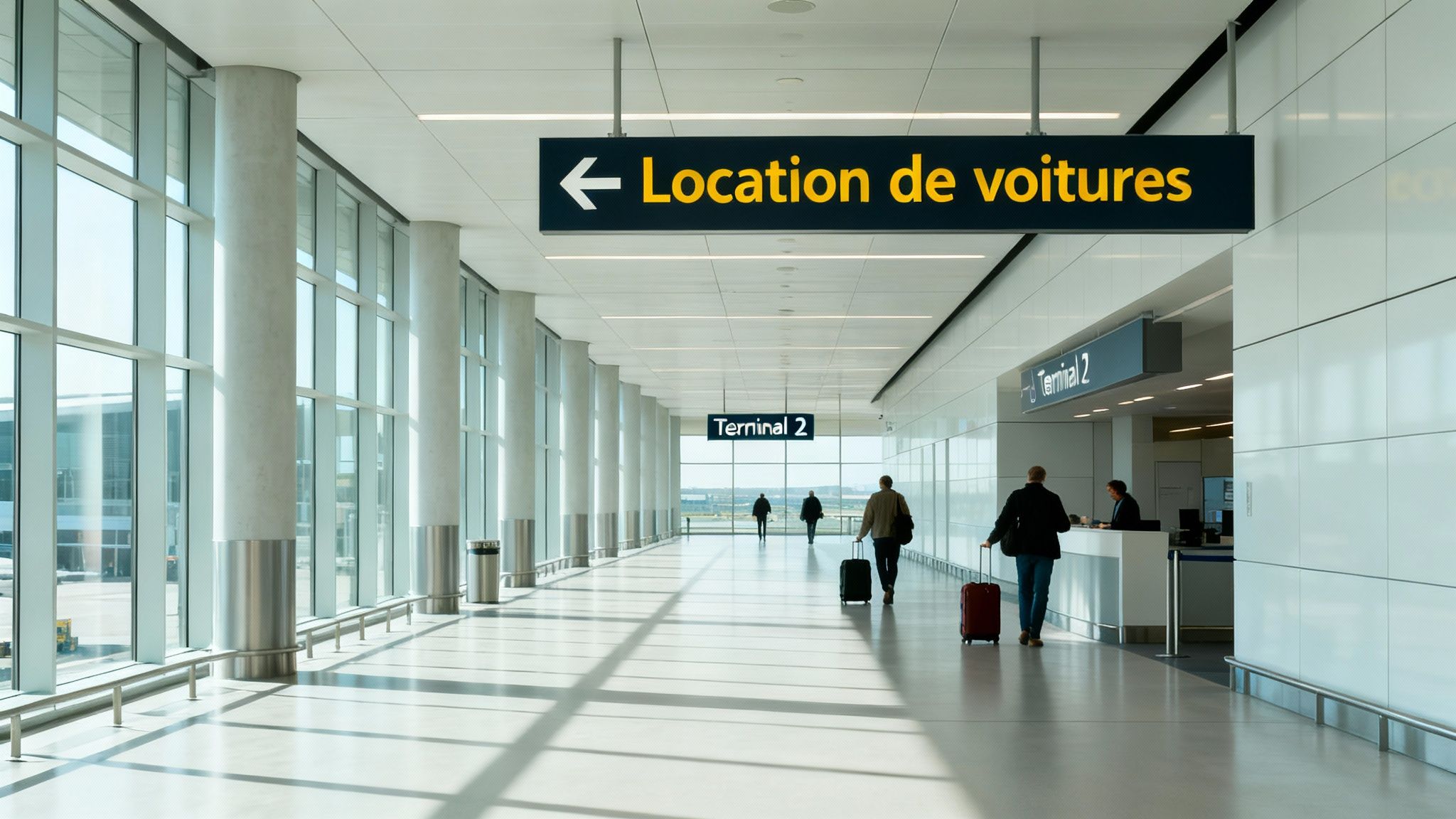 Un couloir lumineux dans un aéroport, avec des voyageurs et des panneaux indiquant la location de voitures et le Terminal 2.