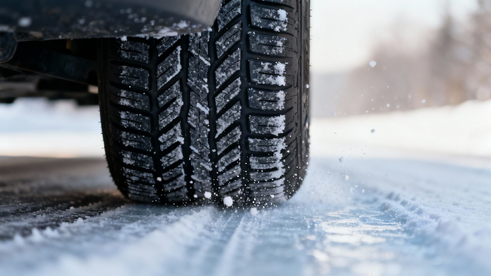 Une voiture de location équipée de pneus neige roulant sur une route enneigée dans les montagnes de l'Atlas