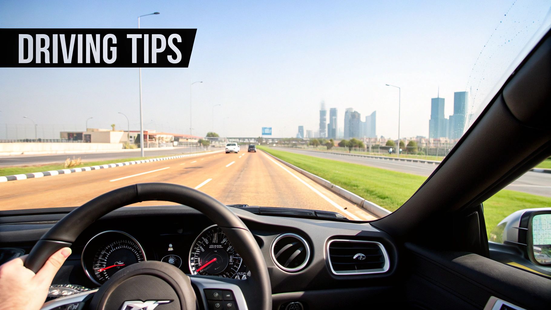 A driver's perspective from a car, likely a Mustang, on a multi-lane highway with a city skyline ahead, featuring a 'DRIVING TIPS' overlay.