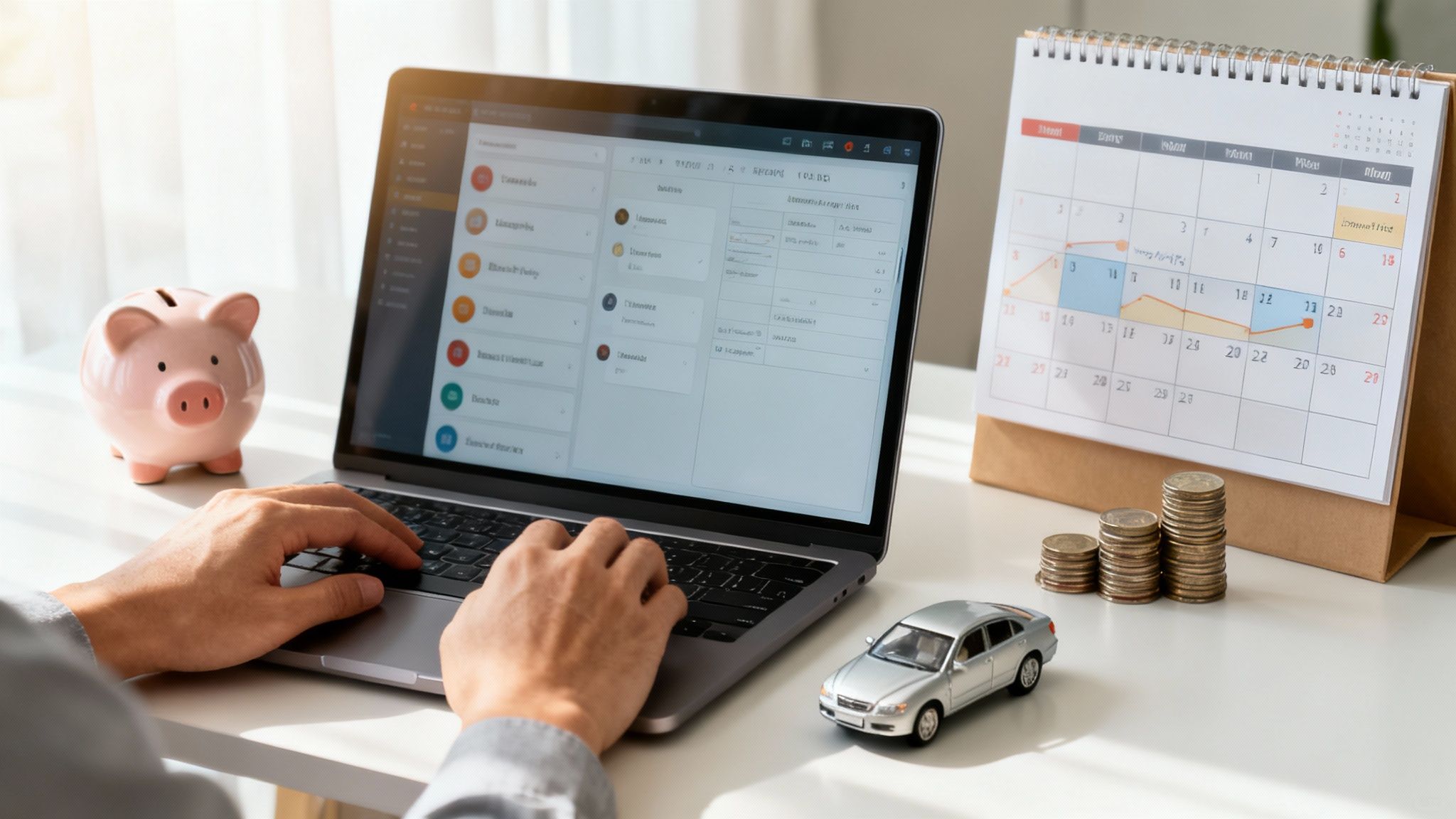 Personne utilisant un ordinateur portable près d'une tirelire, d'un calendrier et d'une voiture miniature, symbolisant la planification financière.