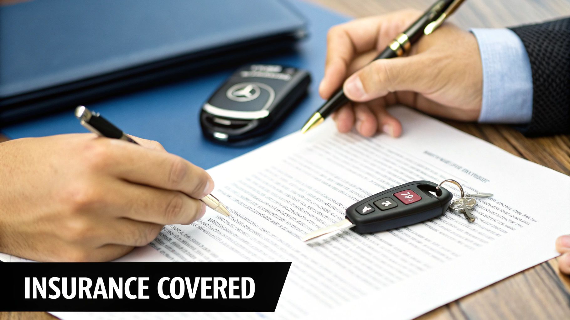 A person's hands holding car keys and a rental agreement document.