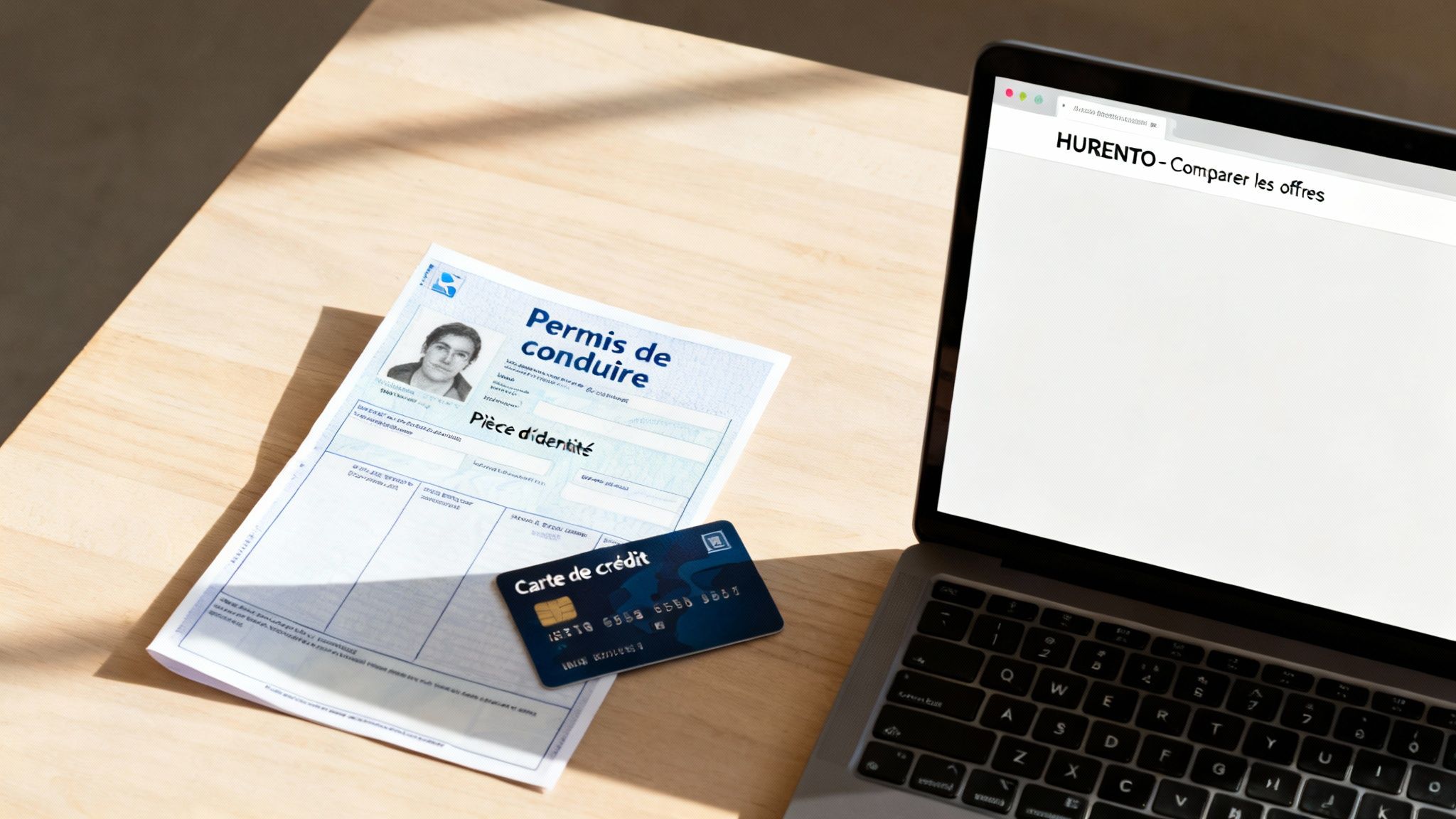 Documents d'identité, carte de crédit et ordinateur portable sur une table en bois, pour comparer des offres en ligne.