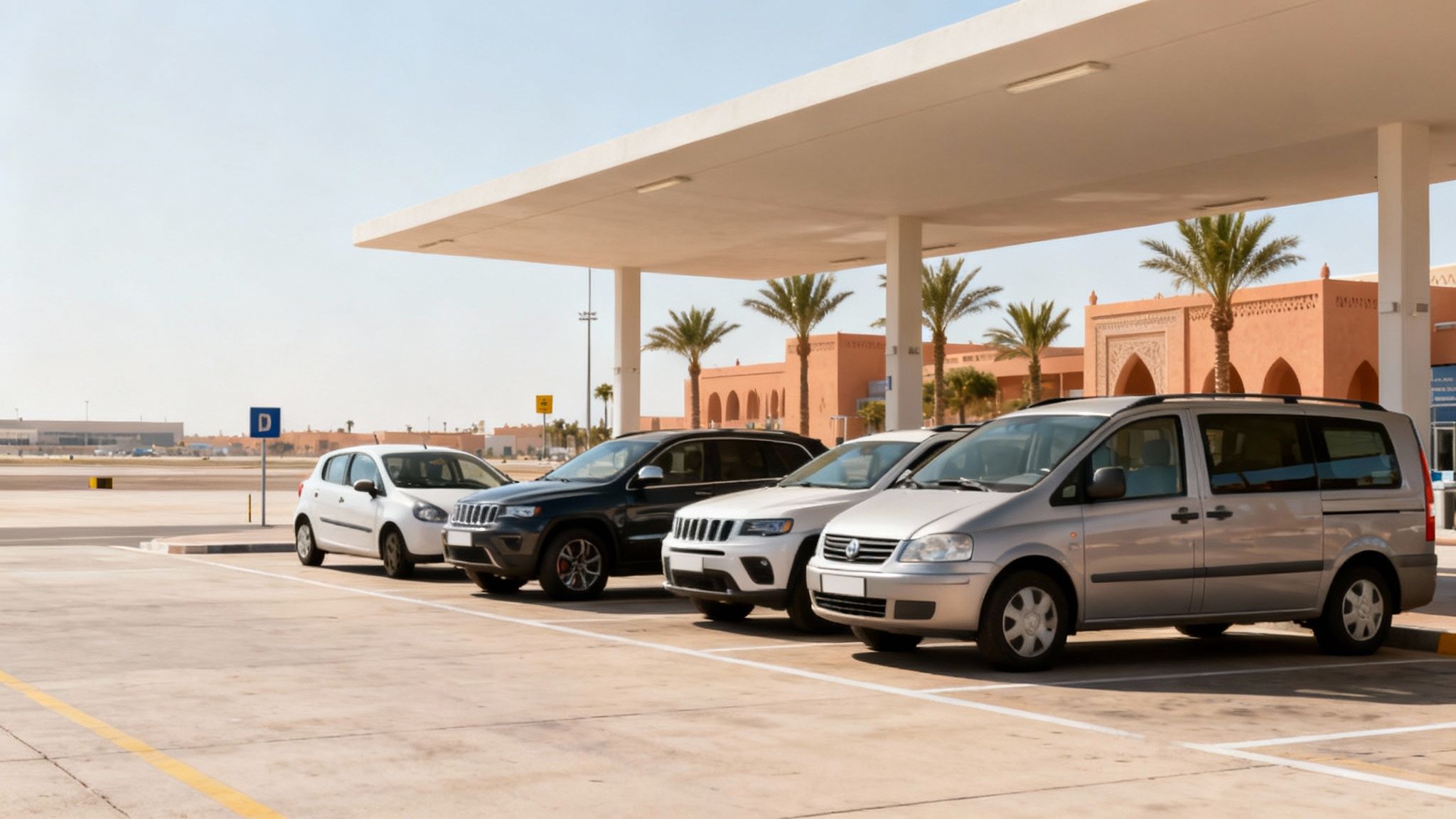 Plusieurs voitures garées sous un abri dans un parking ensoleillé, avec des palmiers et un bâtiment de style marocain.