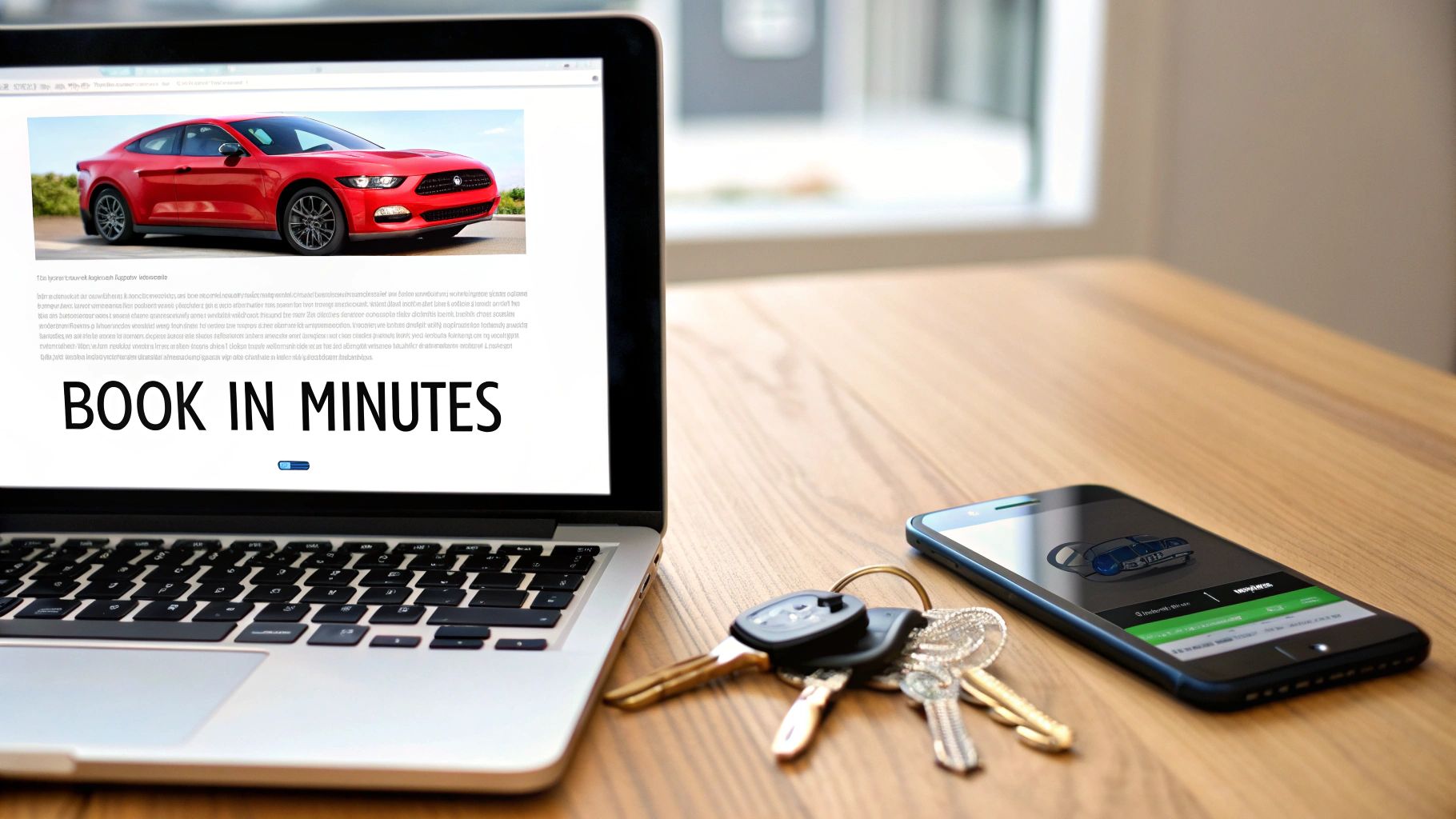 A laptop displays a red Ford Mustang car for rent, next to car keys and a smartphone with a rental app.