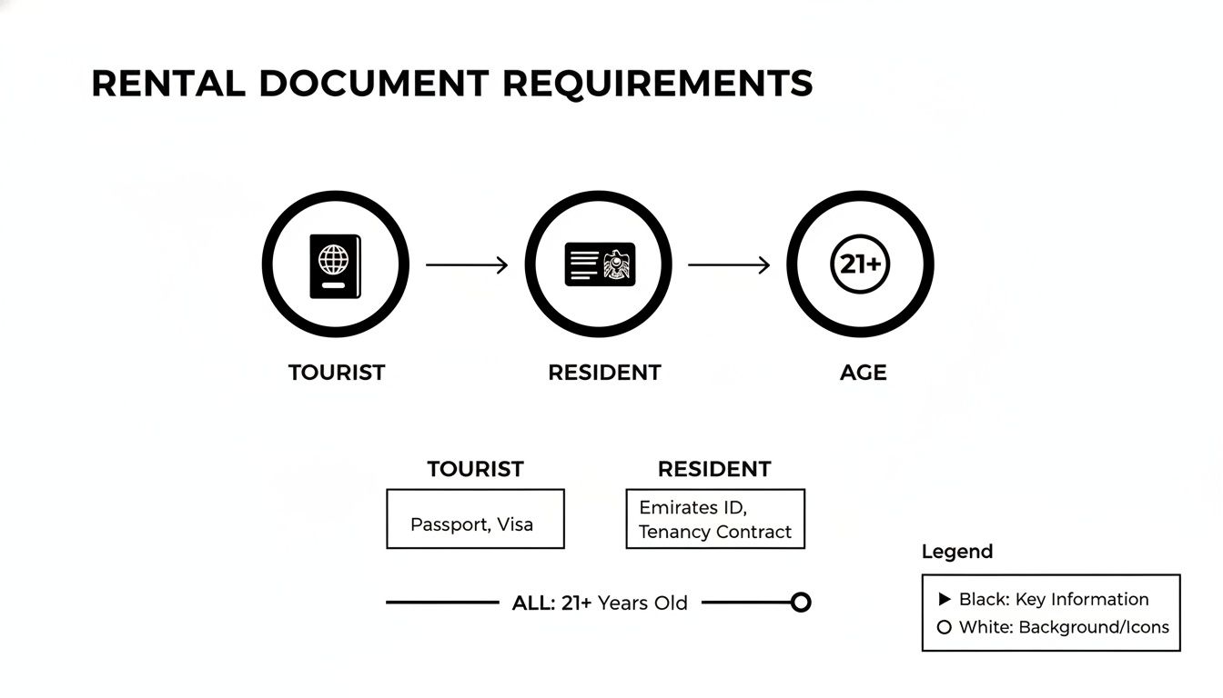 Rental document requirements: passport/visa for tourists, Emirates ID/tenancy contract for residents, and 21+ age.