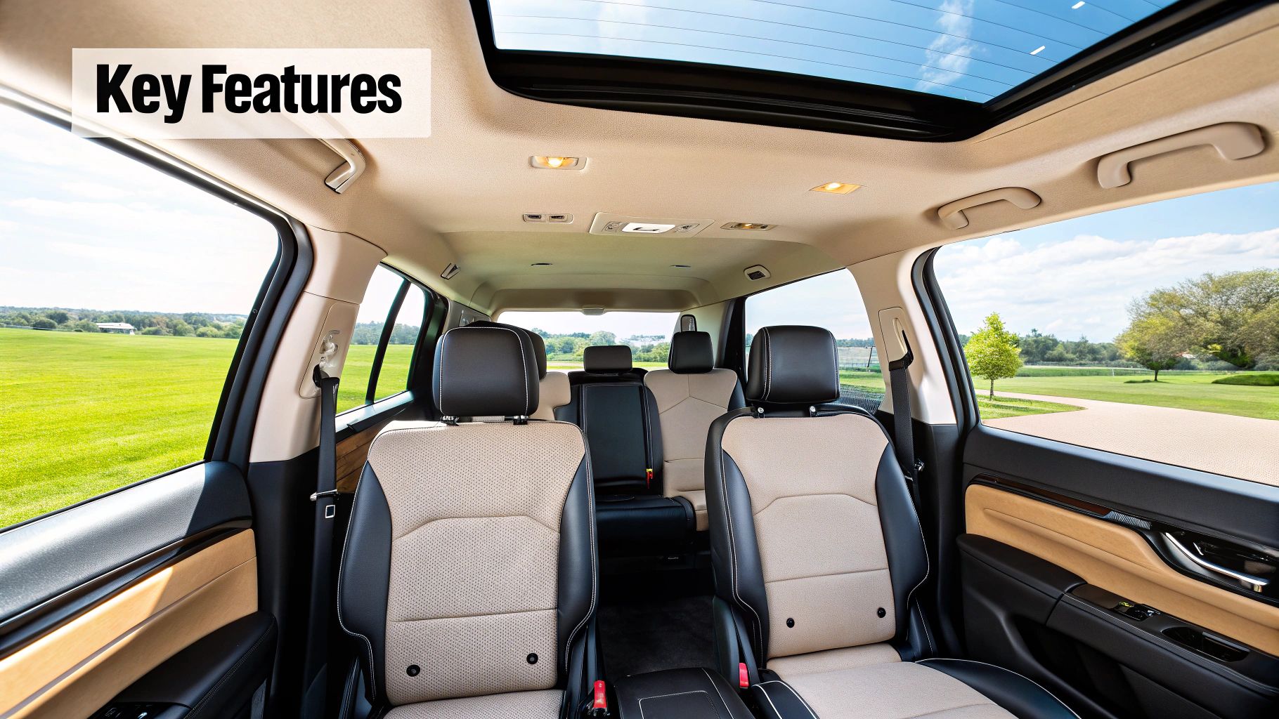 A family smiling inside a spacious 7-seater rental car