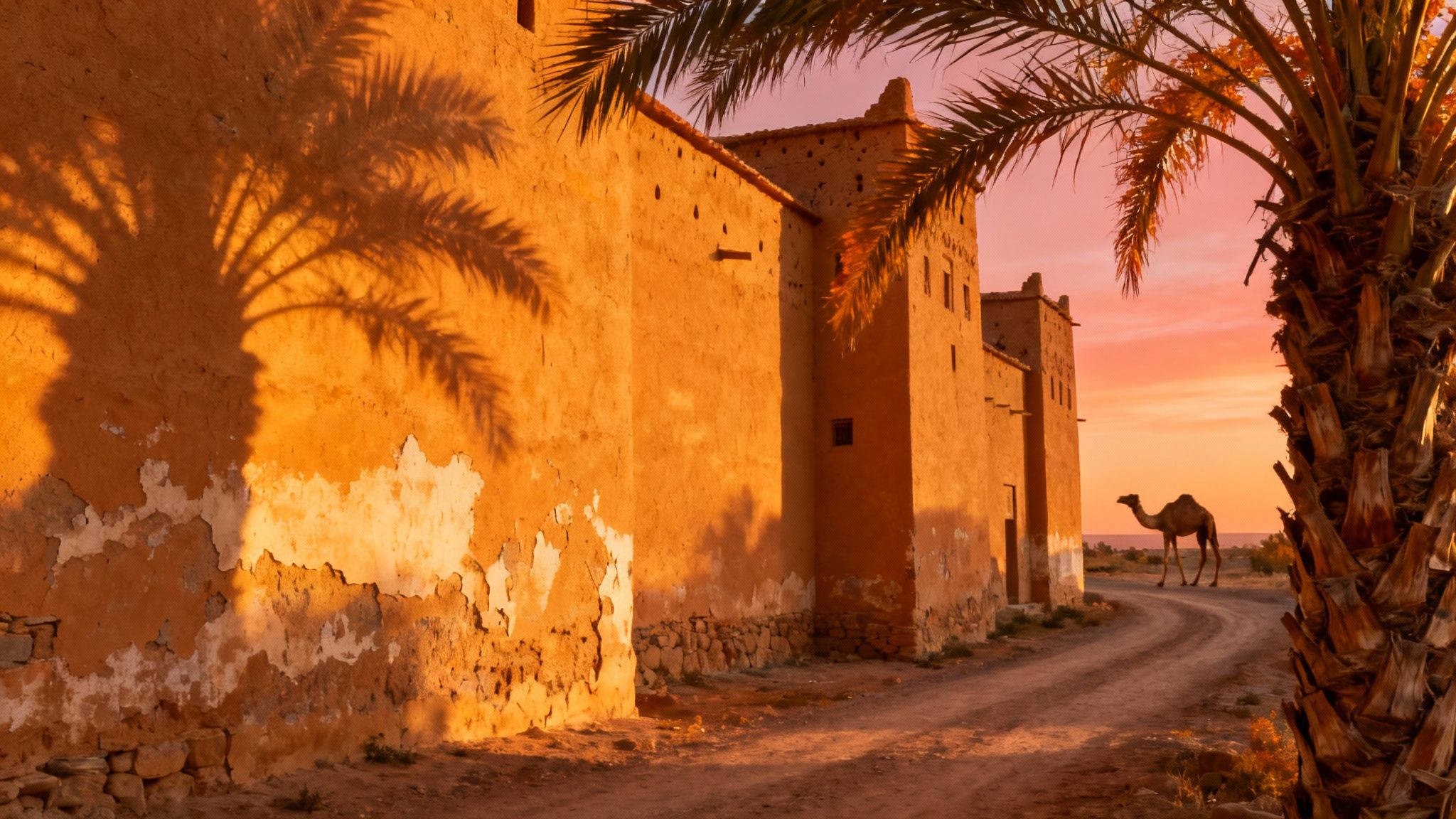 Un paysage désertique marocain au coucher du soleil, avec des dunes de sable orange et des kasbahs au loin.