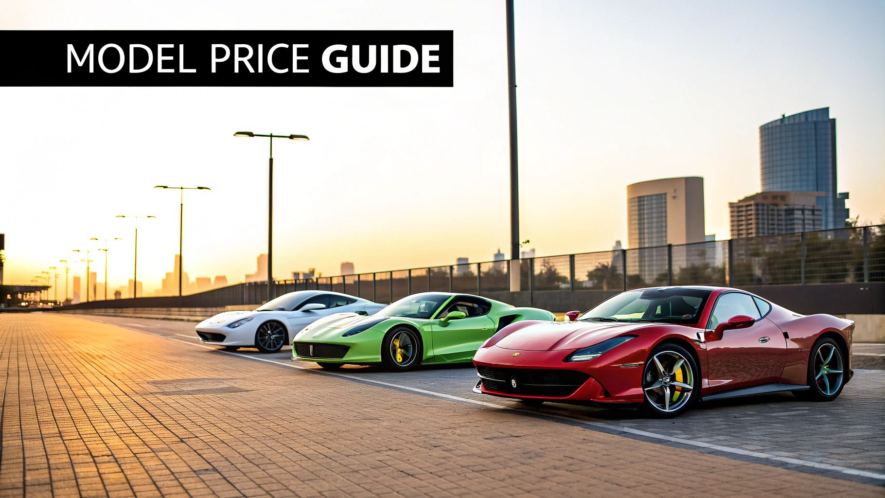 Three luxury sports cars parked on a road at sunset with a city skyline and 'MODEL PRICE GUIDE' banner.