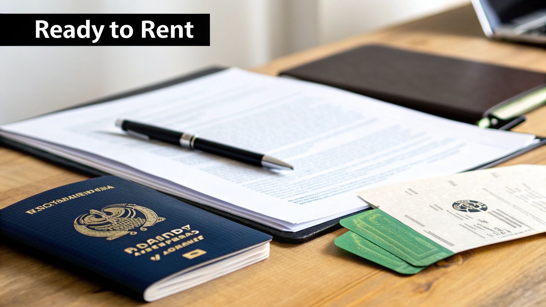 How to Rent an Exotic Car in Dubai: rent a exotic car the Right Way 2 A desk with a rental agreement, pen, passport, and identification cards, signifying readiness to rent.