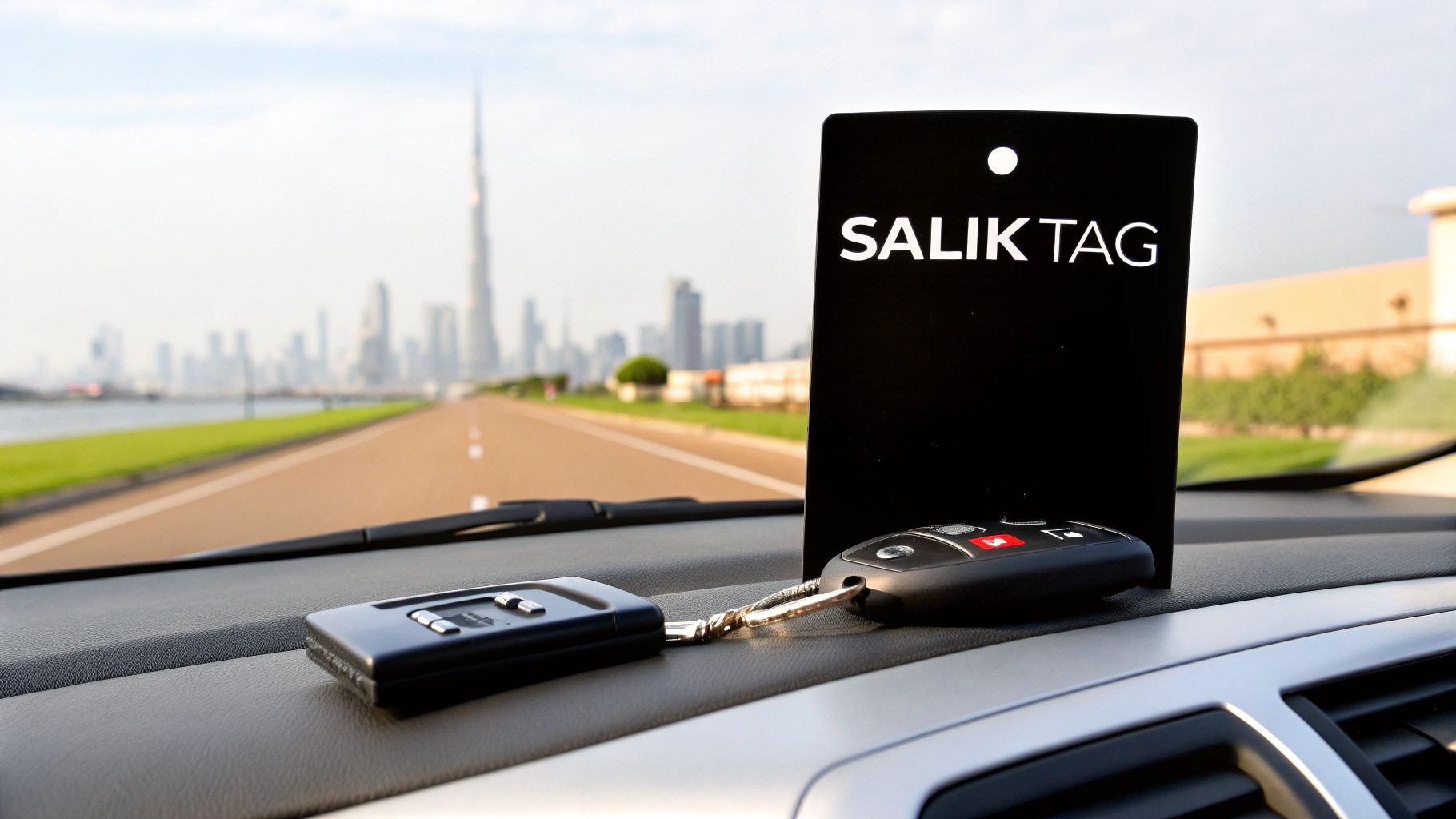 how to get salik tag in Dubai: easy guide 1 A Salik tag being applied to a car's windshield with a Dubai skyline in the background