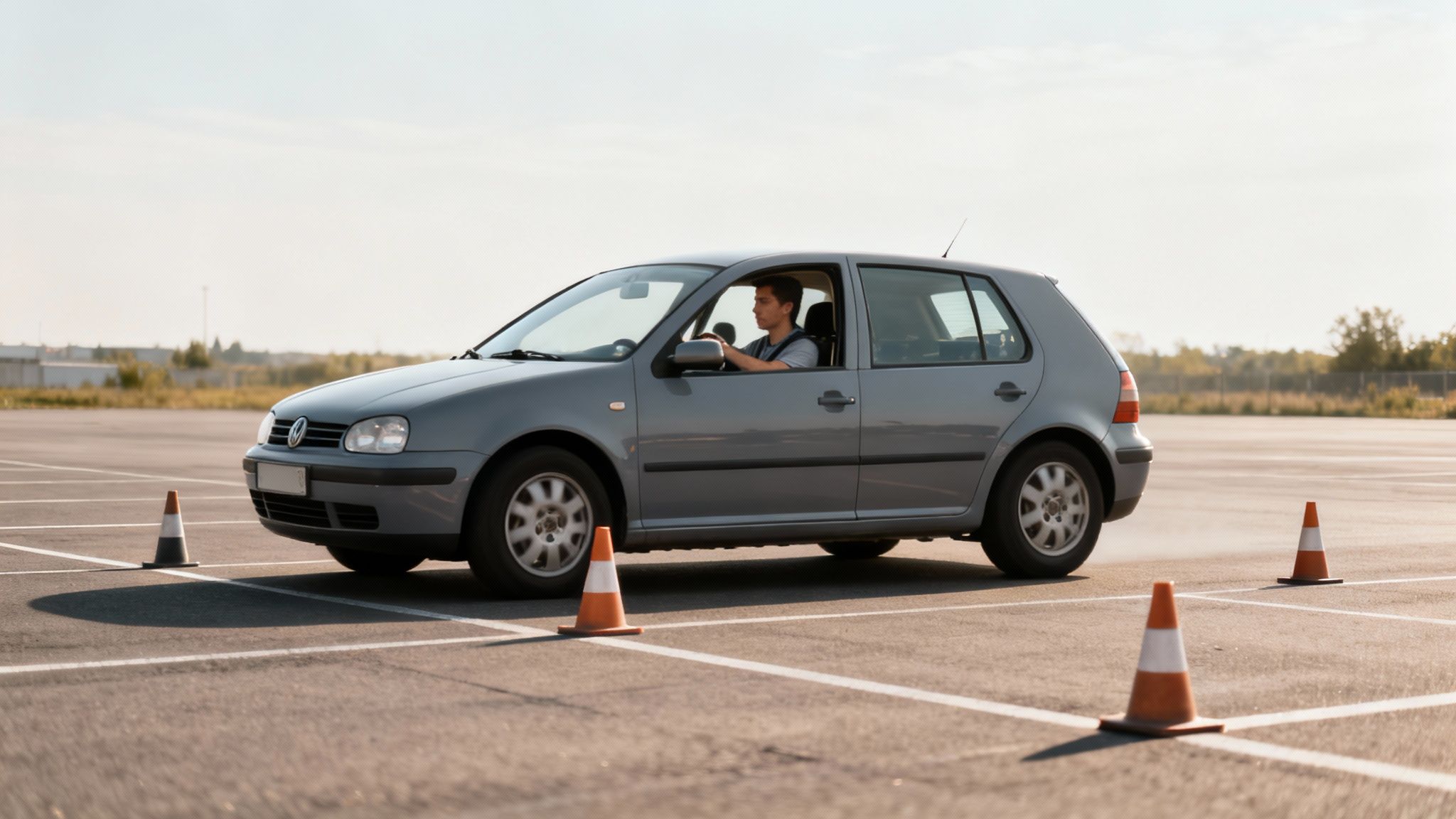 Jeune homme au volant d'une voiture grise sur un parking, pratiquant la conduite avec des cônes orange et blancs.