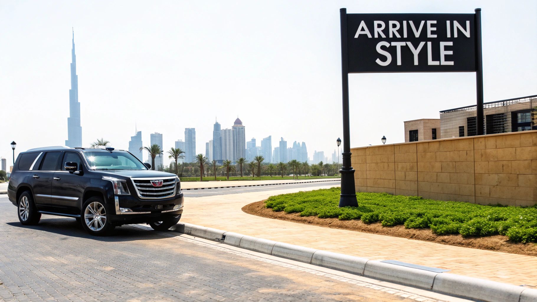 How to Rent a Cadillac Escalade in Dubai A Practical Guide 1 Black Cadillac Escalade parked on a street with Burj Khalifa and Dubai cityscape in background.