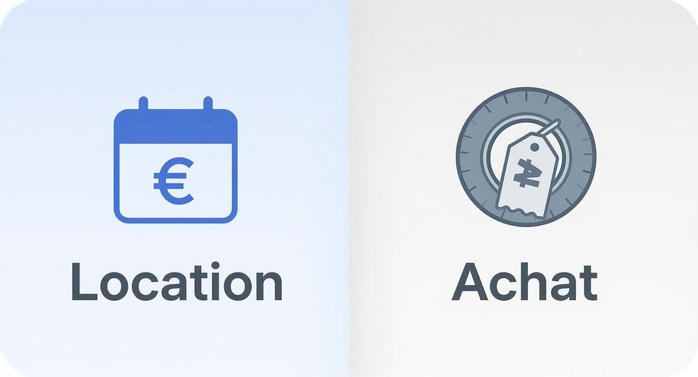 Infographie comparant la location et l'achat de pneus neige, montrant le flux simplifié de la location face aux coûts et à la logistique de l'achat.
