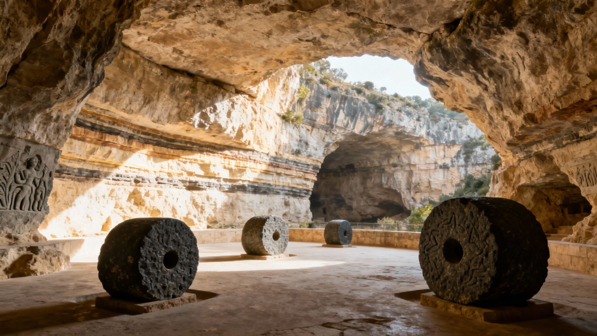 Intérieur de la Grotte d'Hercule à Tanger, montrant les marques d'extraction de meules sur les parois rocheuses.