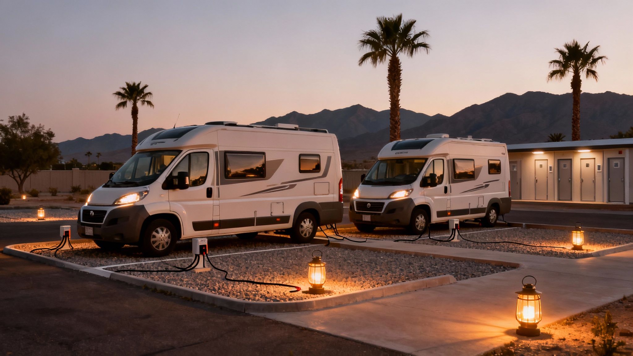 Deux camping-cars blancs rechargent la nuit dans un camping désertique, avec palmiers et montagnes.