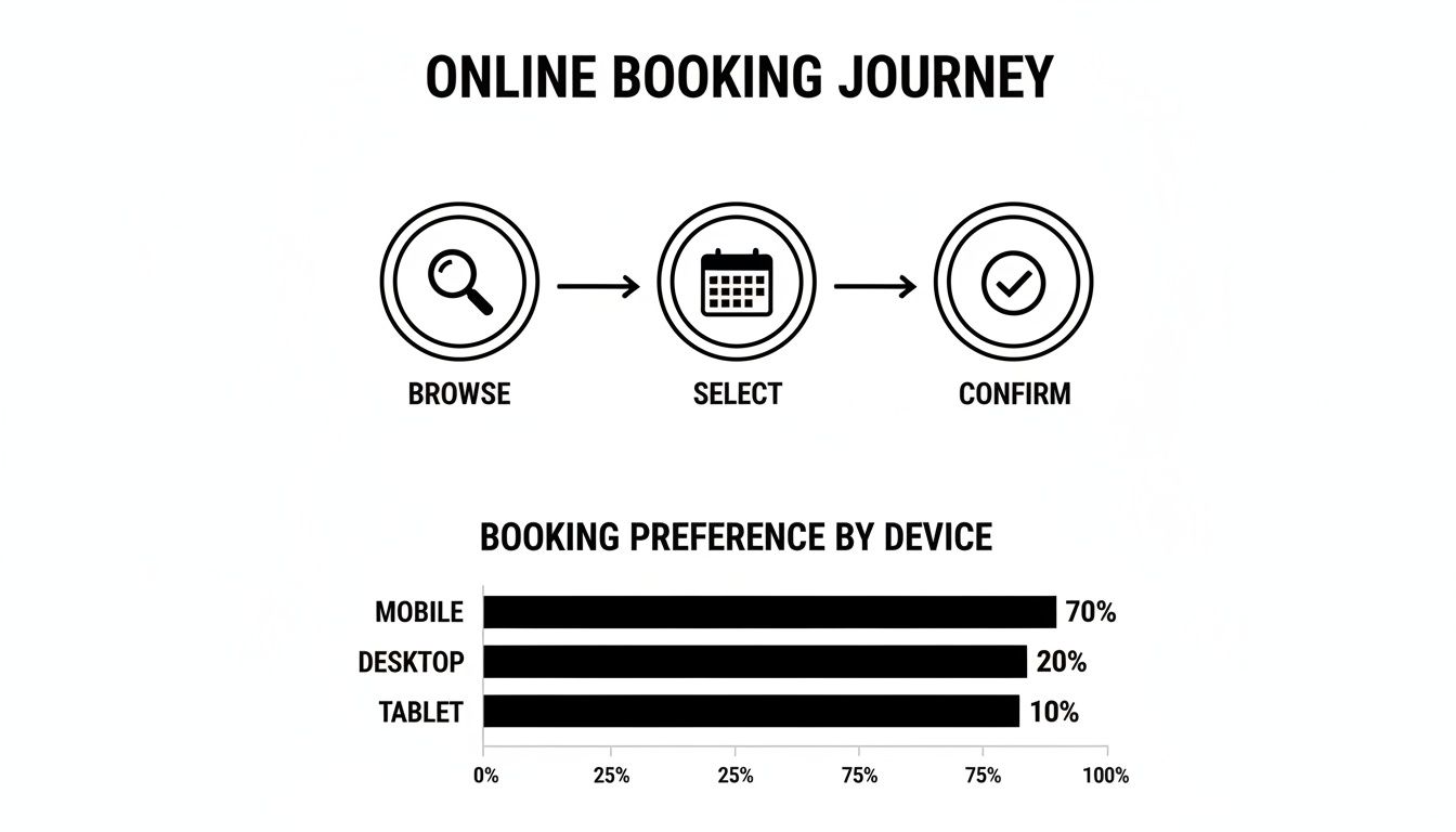 Discover How to rent nissan patrol in Dubai: Your Essential Guide 2 Infographic showing an online booking journey from browse to confirm, and booking preference by device: mobile, desktop, tablet.