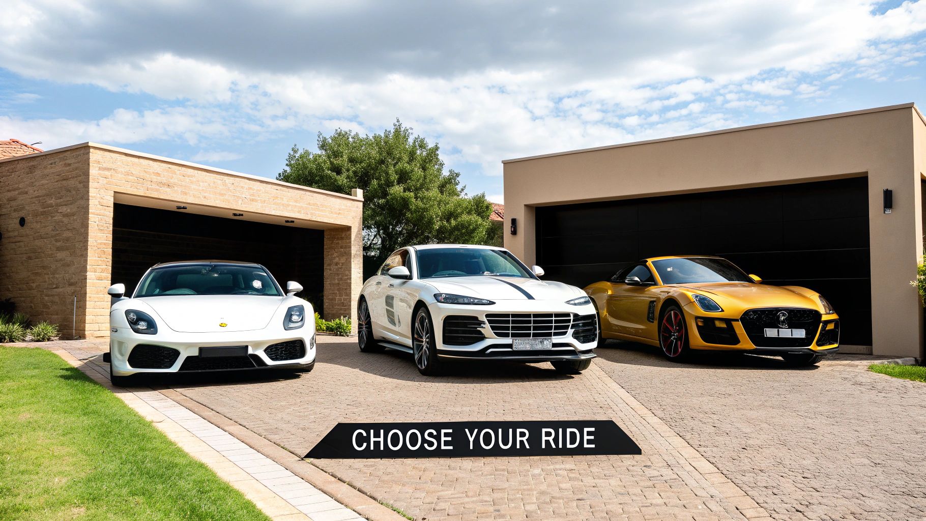 A sleek luxury car parked with a modern city skyline in the background