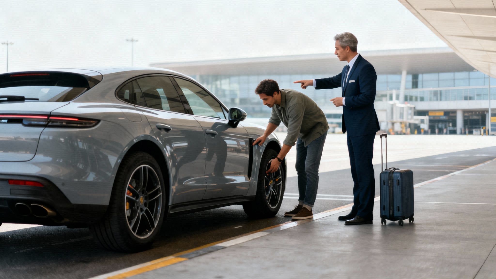 Deux hommes près d'une Porsche grise à l'aéroport, un homme en costume pointe du doigt tandis qu'un autre examine la roue.