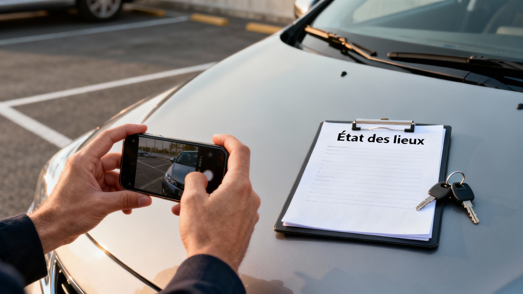 Une personne prend une photo de voiture avec un smartphone, à côté d'un état des lieux et des clés de voiture.