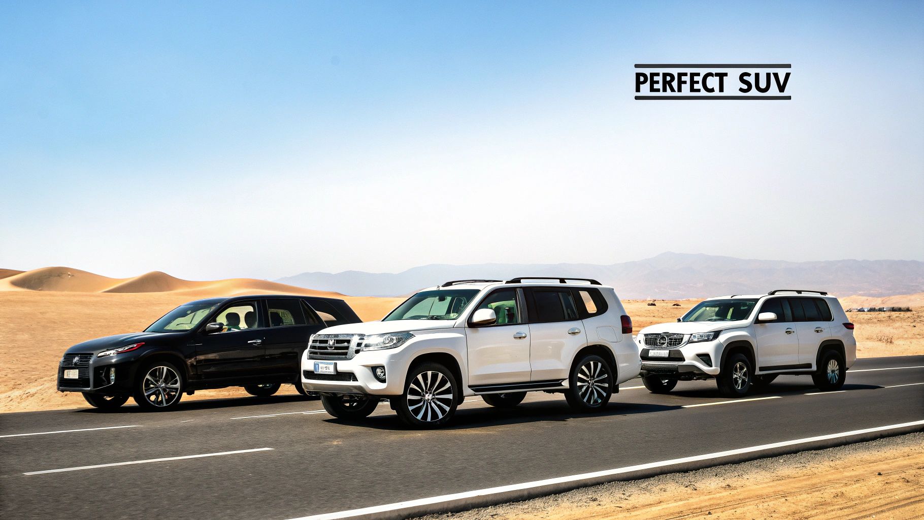 Three modern SUVs, two white and one black, parked on a desert road under a clear blue sky.