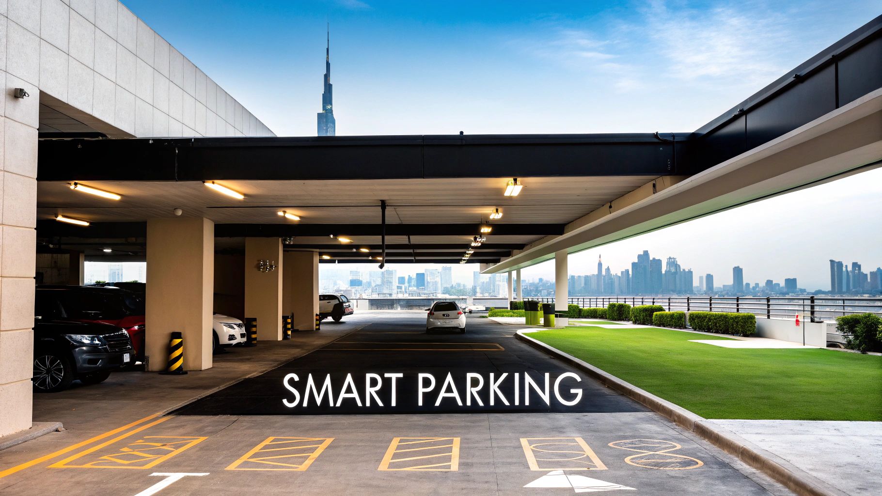A futuristic image of a smart city with glowing lines connecting cars and parking spaces.