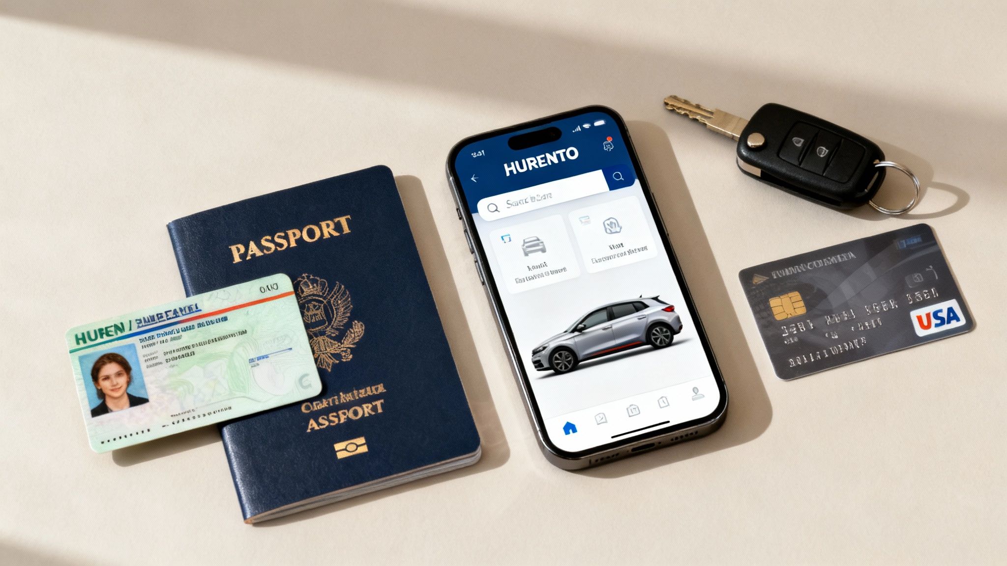 Une voiture de location devant un paysage désertique marocain.