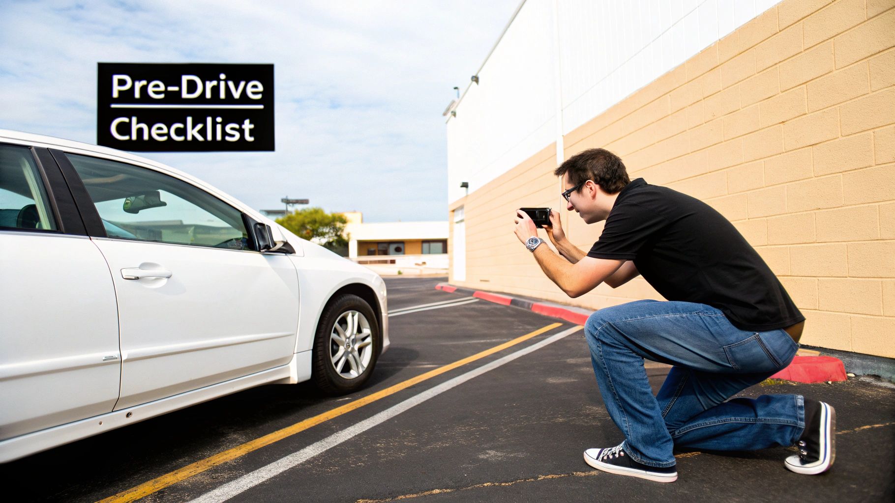 Man crouching and taking a photo of a white car with a phone, next to a 'Pre-Drive Checklist' sign.