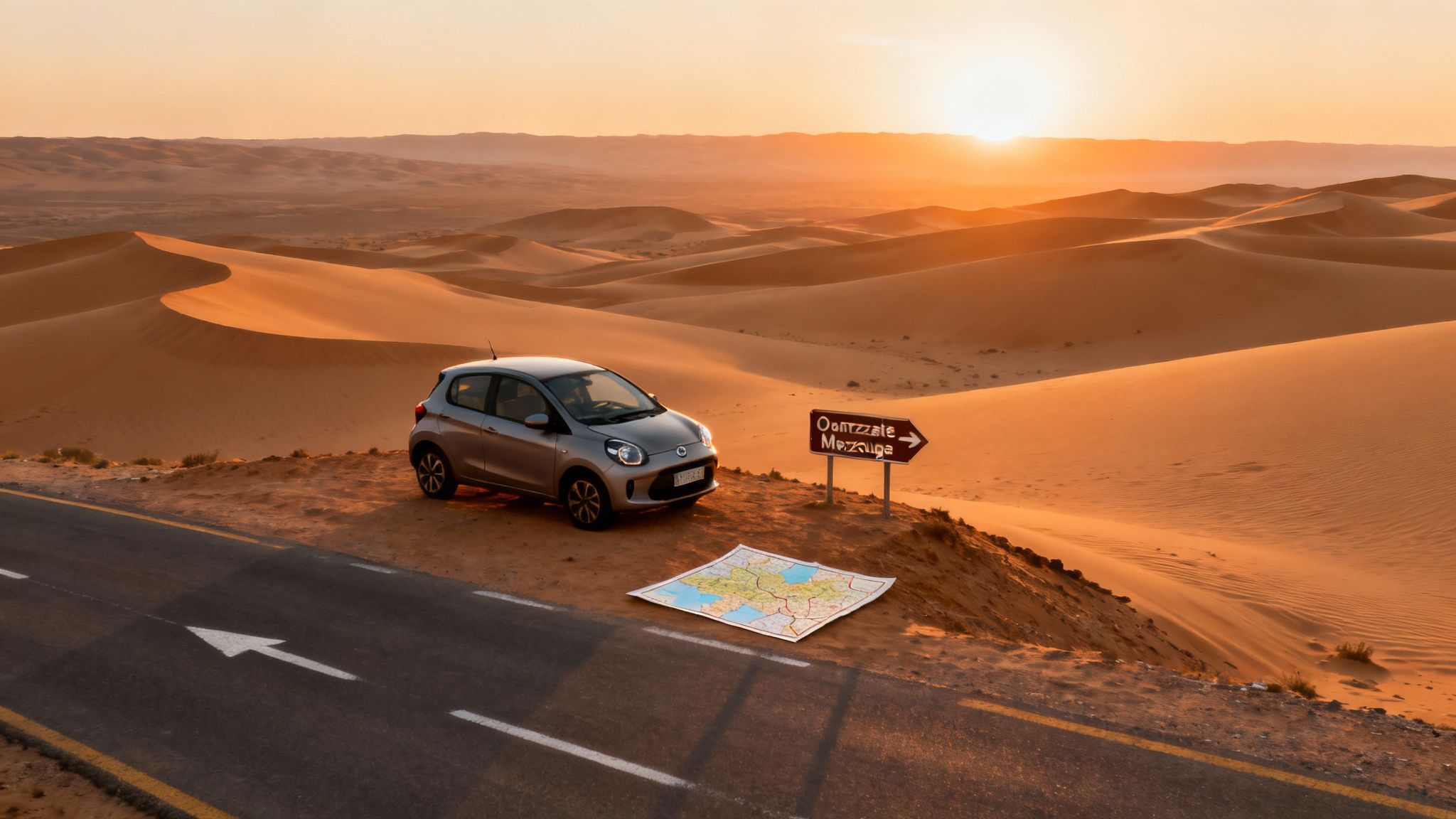 Petite voiture garée sur route désertique au coucher du soleil avec carte routière au sol