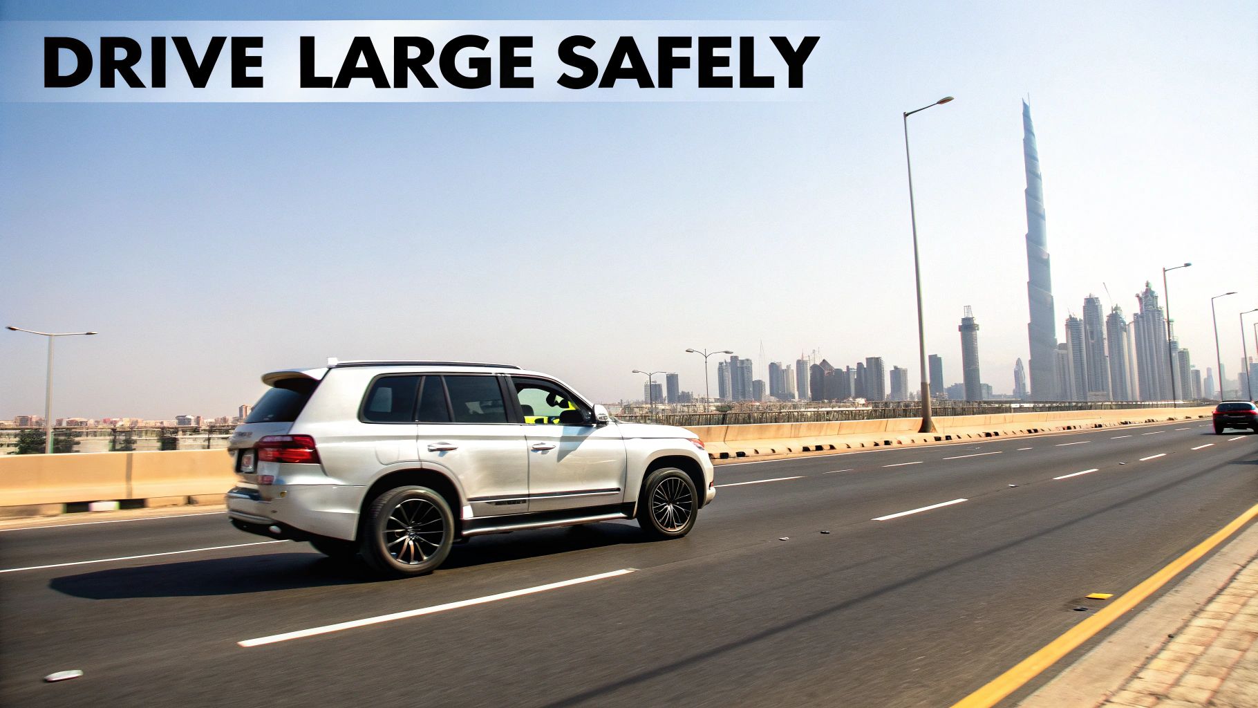 Silver SUV driving on highway with city skyline background demonstrating vehicle safety