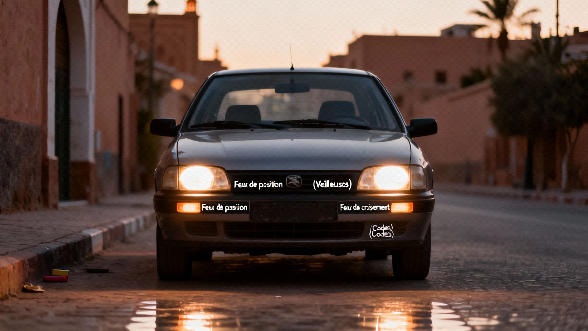 Vue avant d'une voiture grise au crépuscule, montrant les feux de position et de croisement allumés, avec étiquettes explicatives.