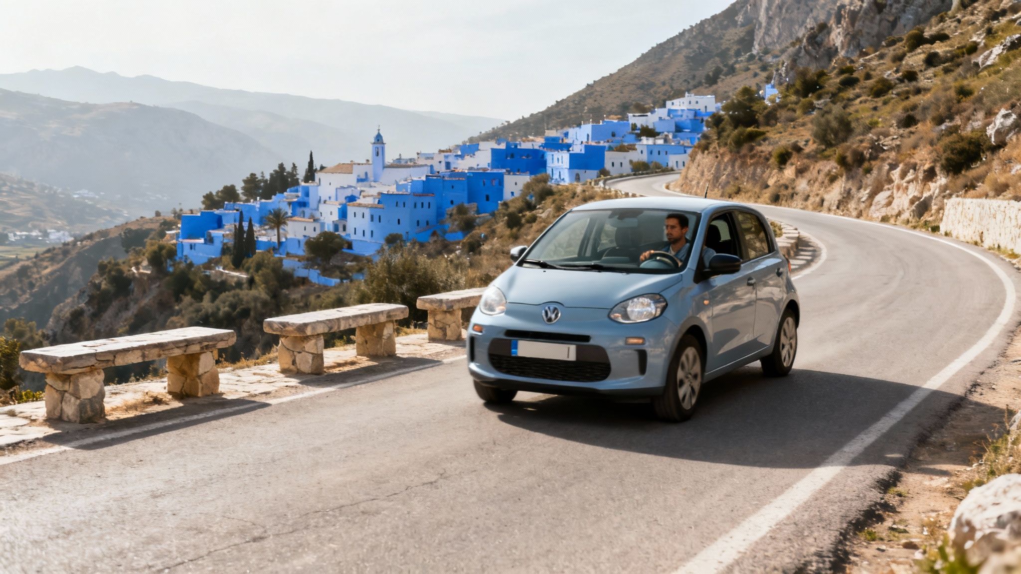 Voiture de location bleue circulant sur route de montagne près d'un village marocain pittoresque