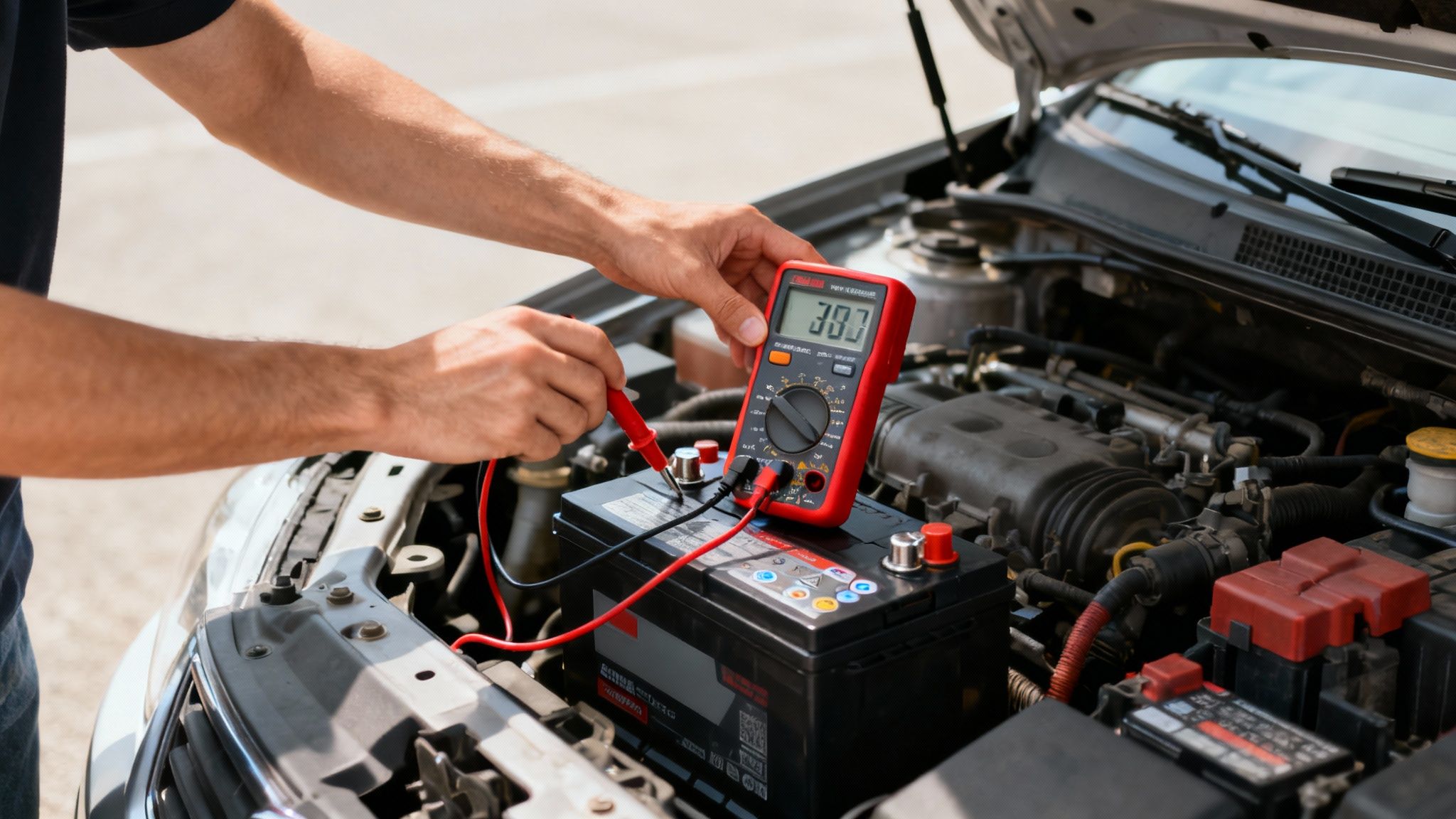 Un multimètre mesurant la tension d'une batterie de voiture.