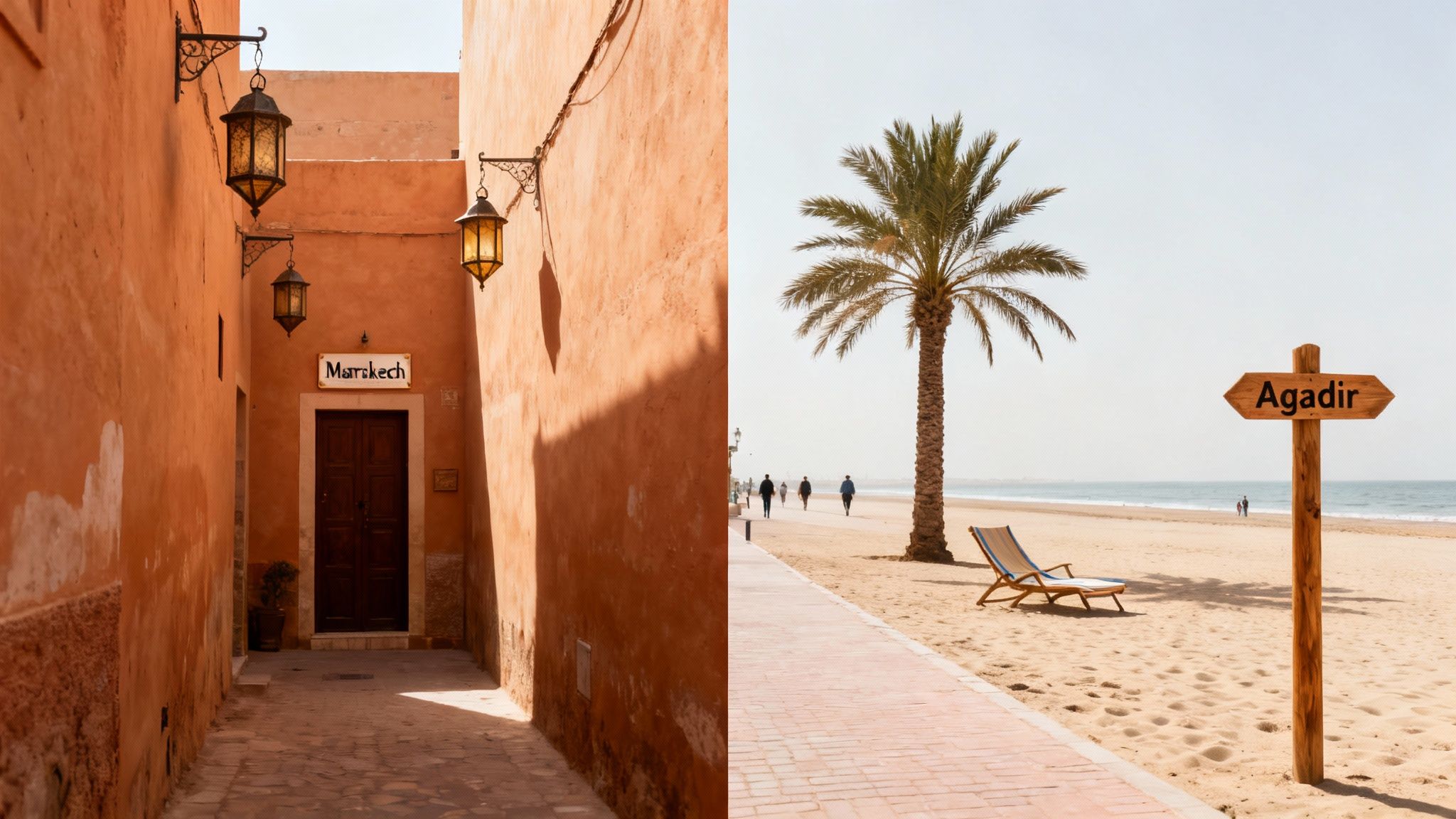 Diptyque montrant une ruelle de Marrakech avec des lanternes et une plage d'Agadir avec un palmier et un panneau.