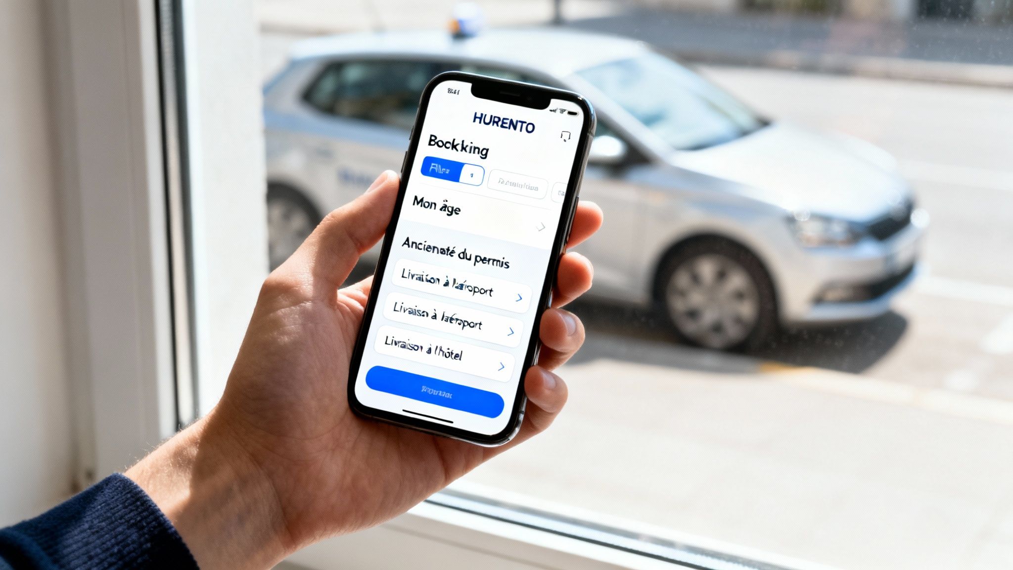 Un jeune conducteur utilise une application mobile HURENTO pour louer une voiture, vue de la rue en arrière-plan.