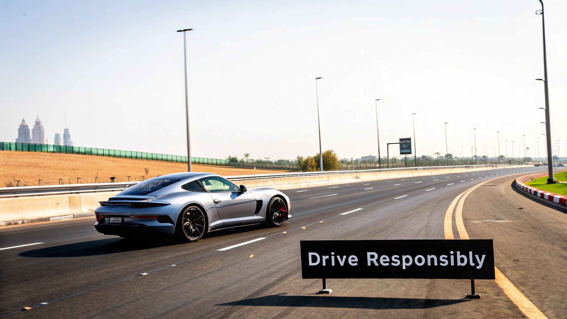 Silver sports car driving on a multi-lane highway with city skyscrapers in the distance.