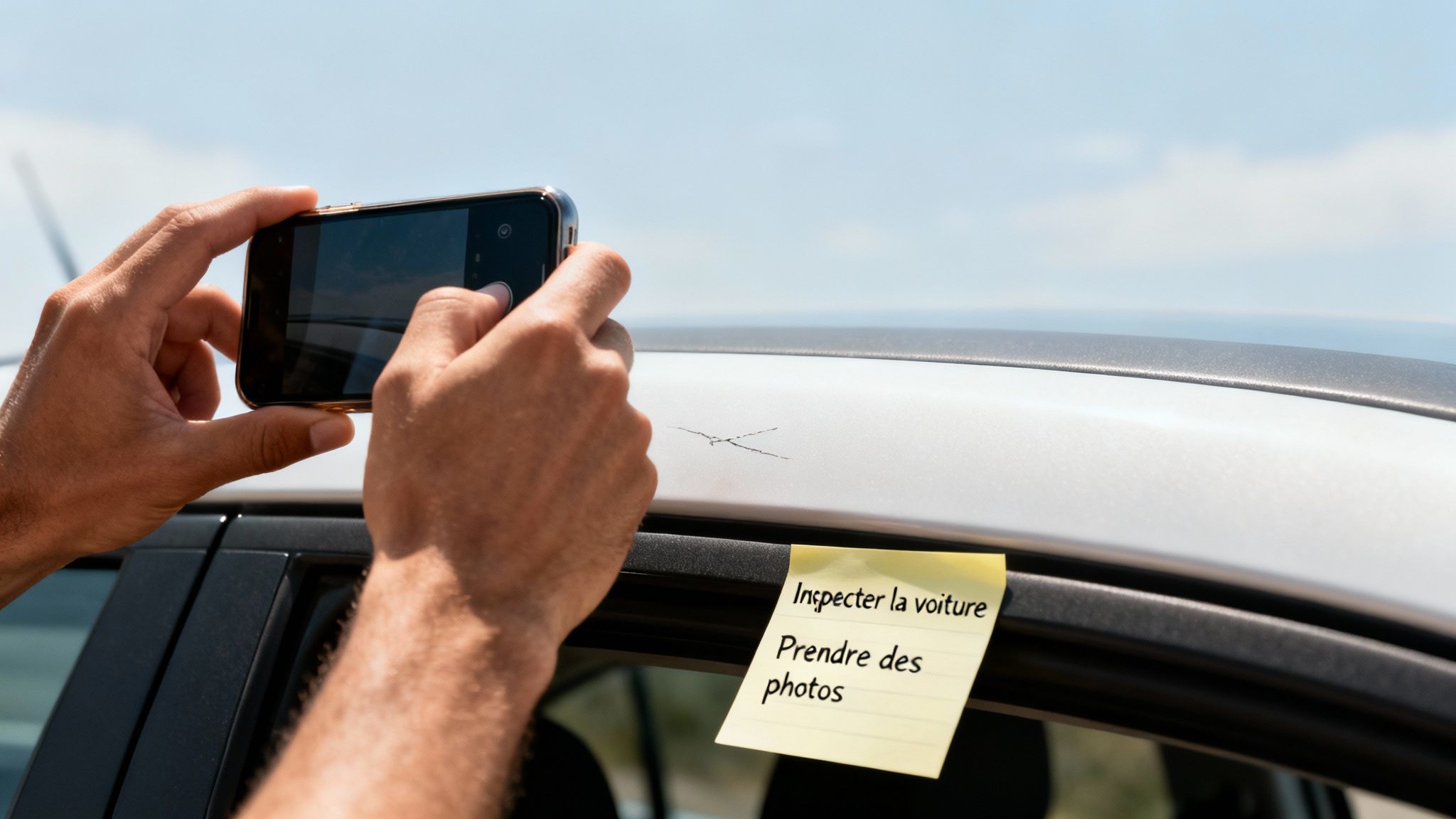 Mains prenant une photo d'une rayure sur le toit d'une voiture avec un smartphone et une note adhésive.