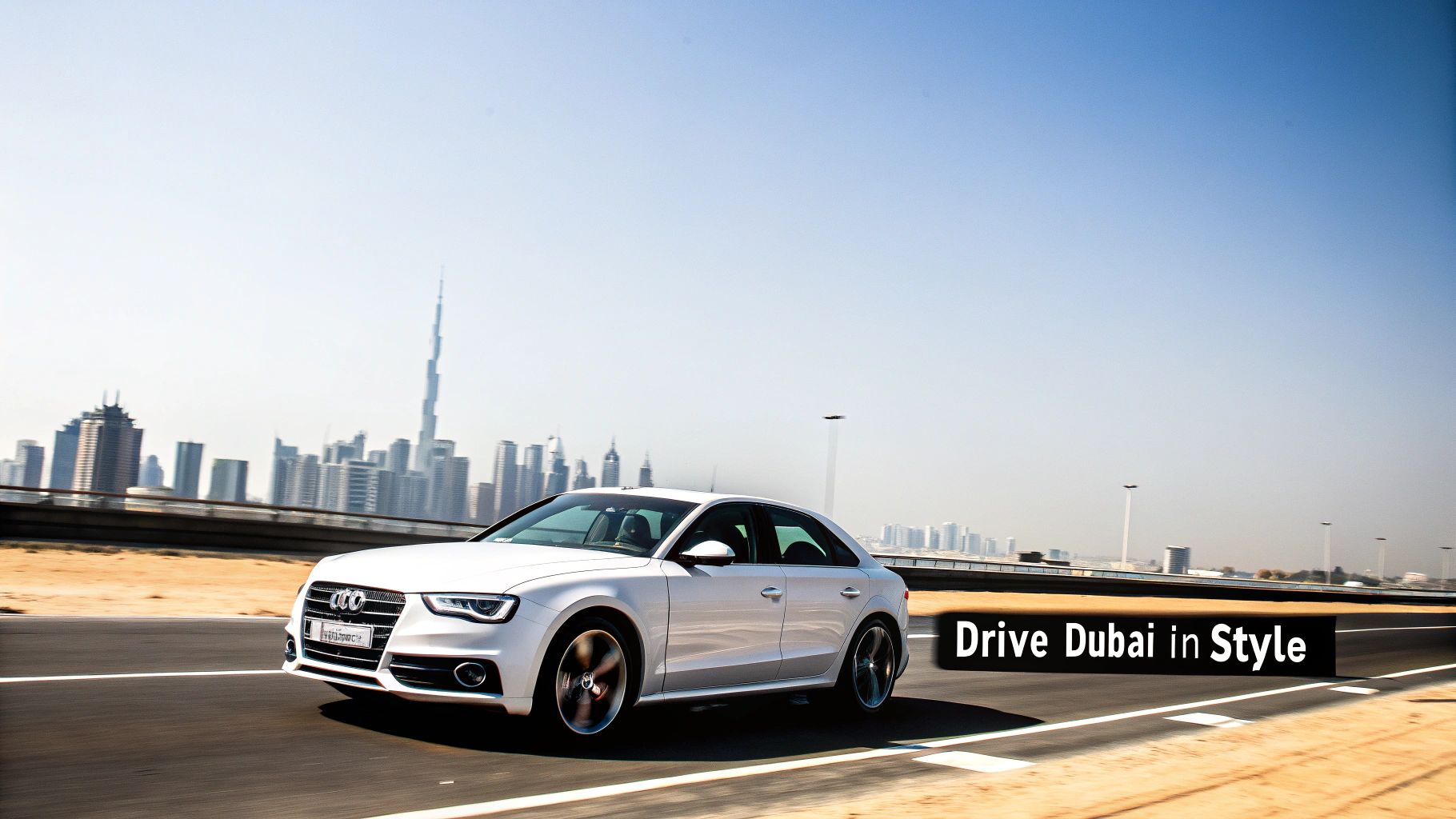 Your Guide to Rent an Audi in Dubai 1 An Audi parked with a modern Dubai skyscraper in the background