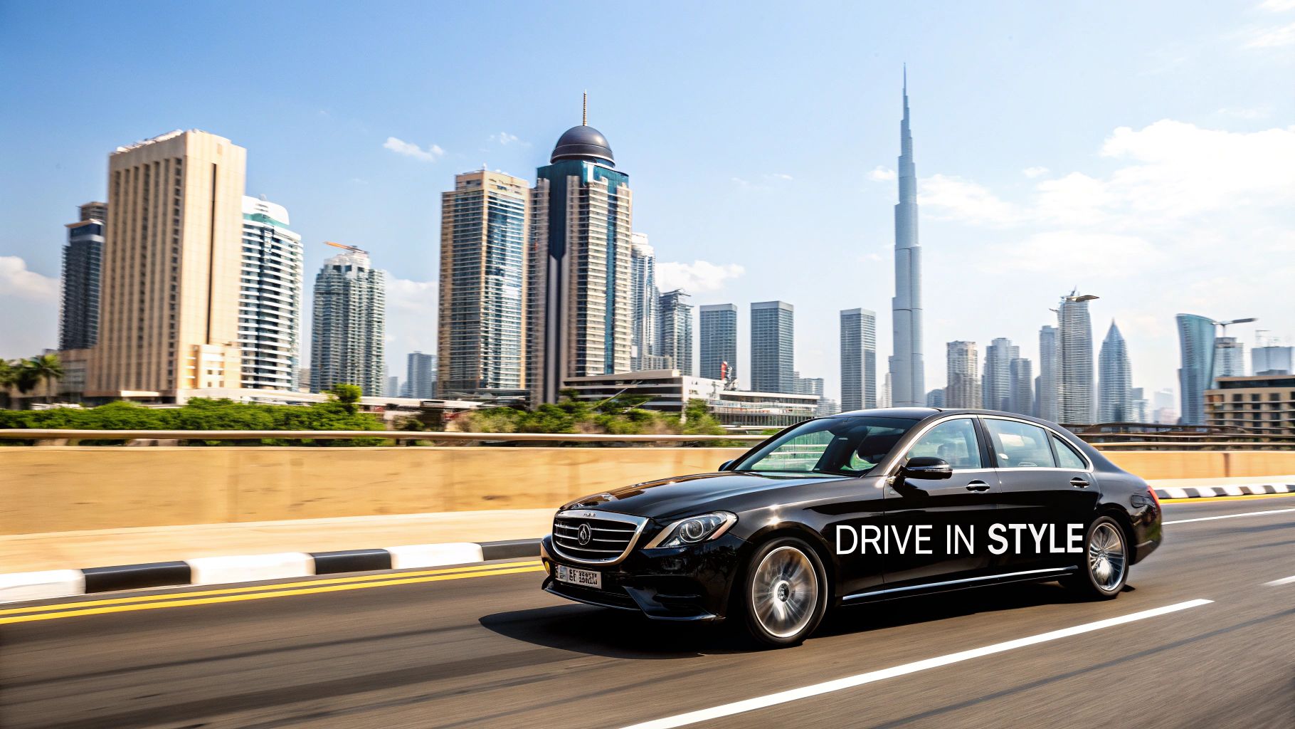 Mercedes-Benz driving down a city street in Dubai at night.
