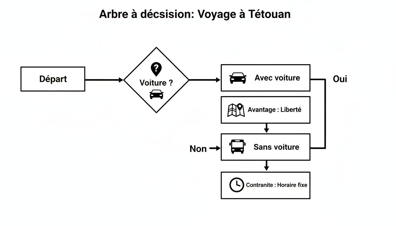 Diagramme de décision pour un voyage à Tétouan, comparant les options avec et sans voiture, incluant avantages et contraintes.