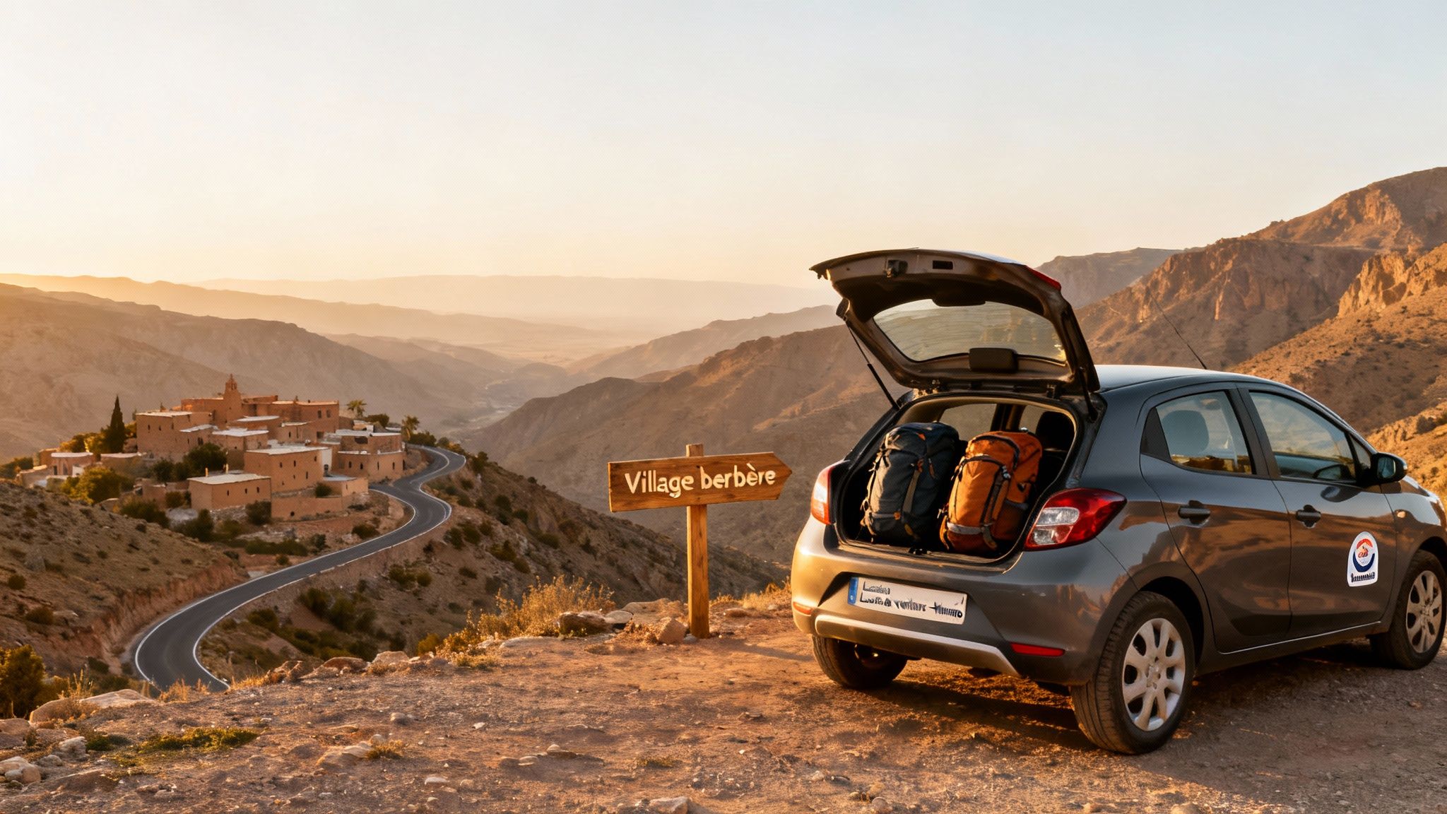 Voiture garée avec coffre ouvert et sacs à dos, devant un village berbère et une route sinueuse au coucher du soleil.