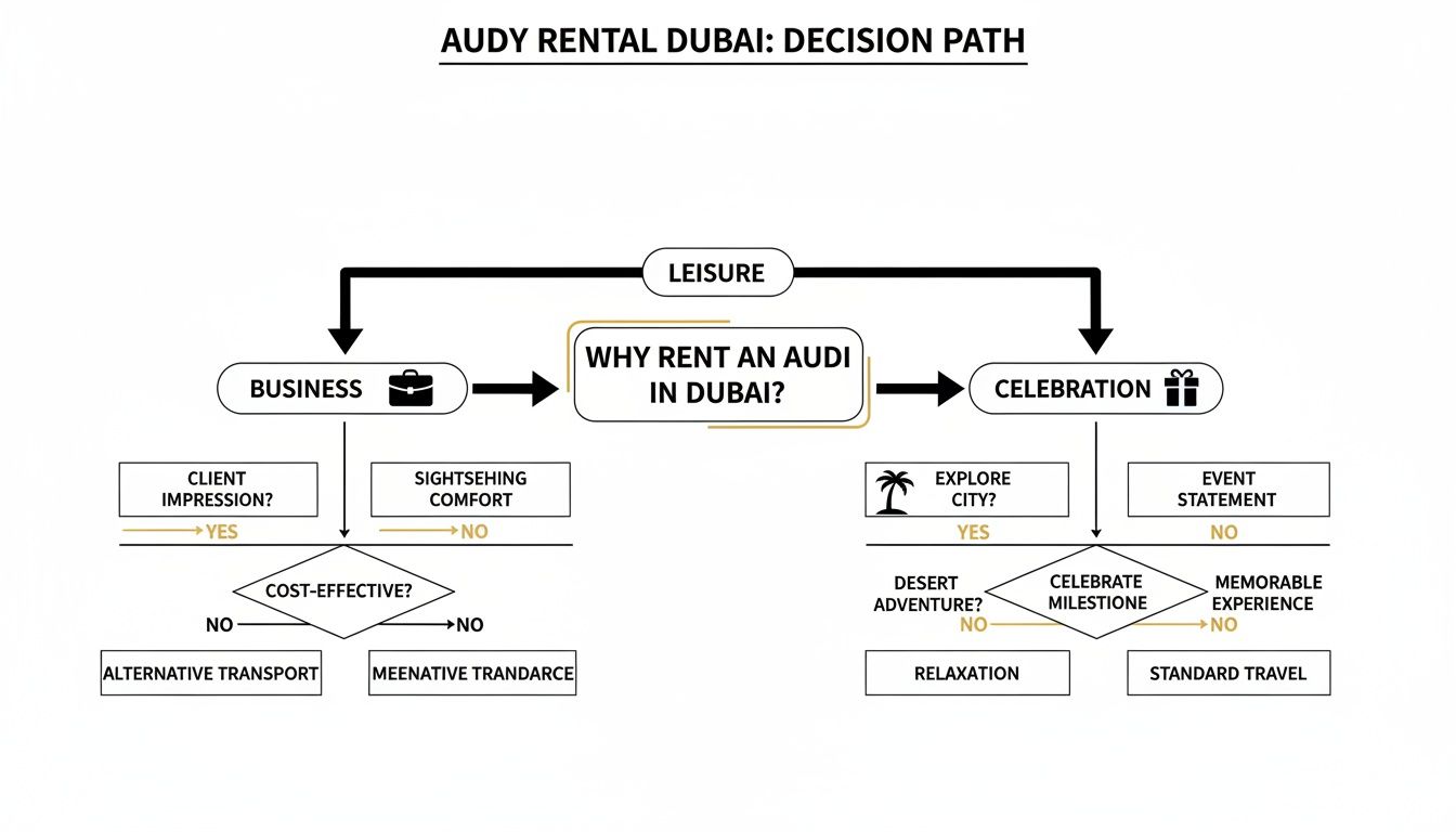 Flowchart outlining the decision path for renting an Audi in Dubai for business, leisure, or celebration.