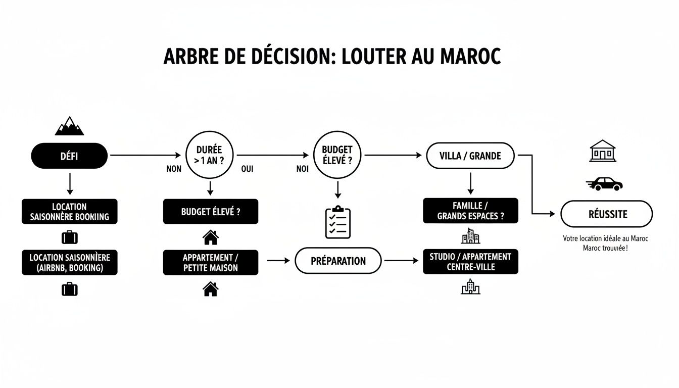 Diagramme de flux pour la location au Maroc, guidant sur la durée, le budget et le type de logement idéal.